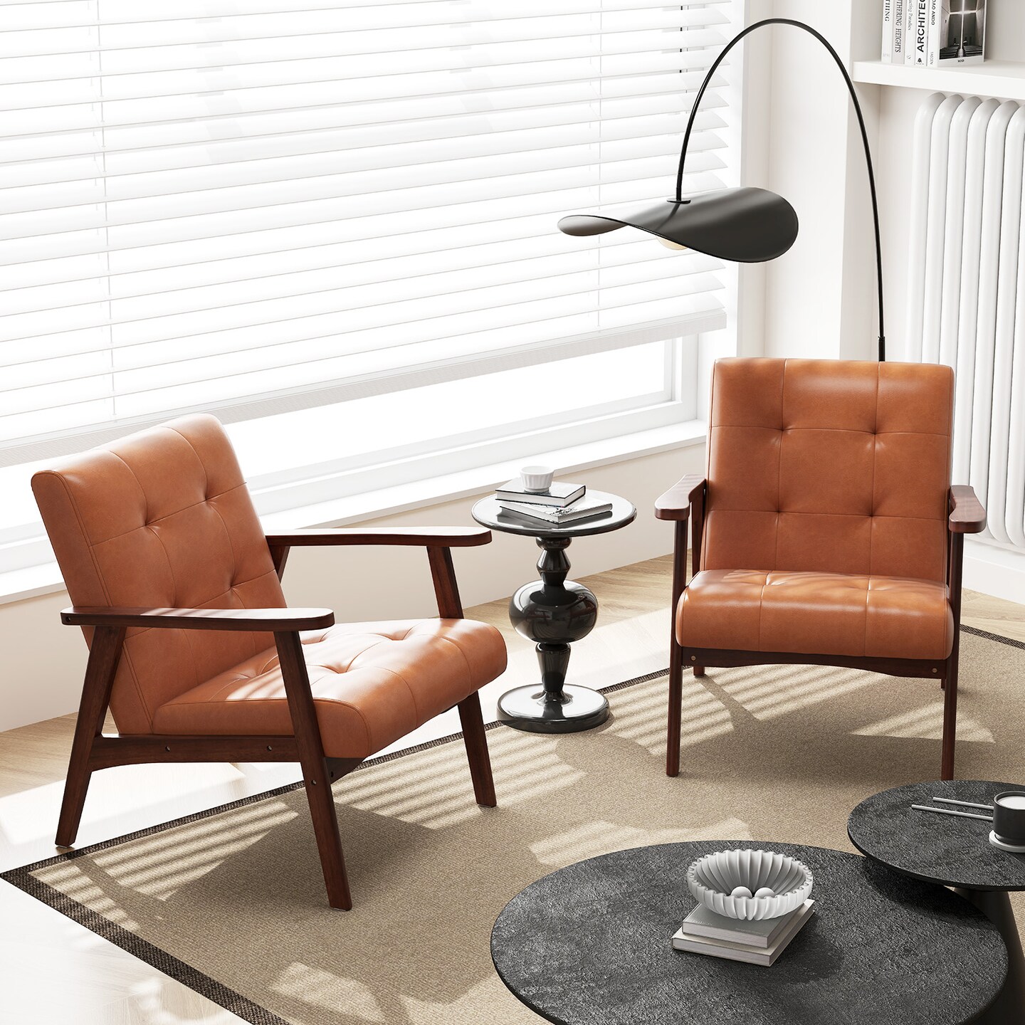 Light Brown PVC Rubber Wood Tufted Accent Chair with Cushioned Seat