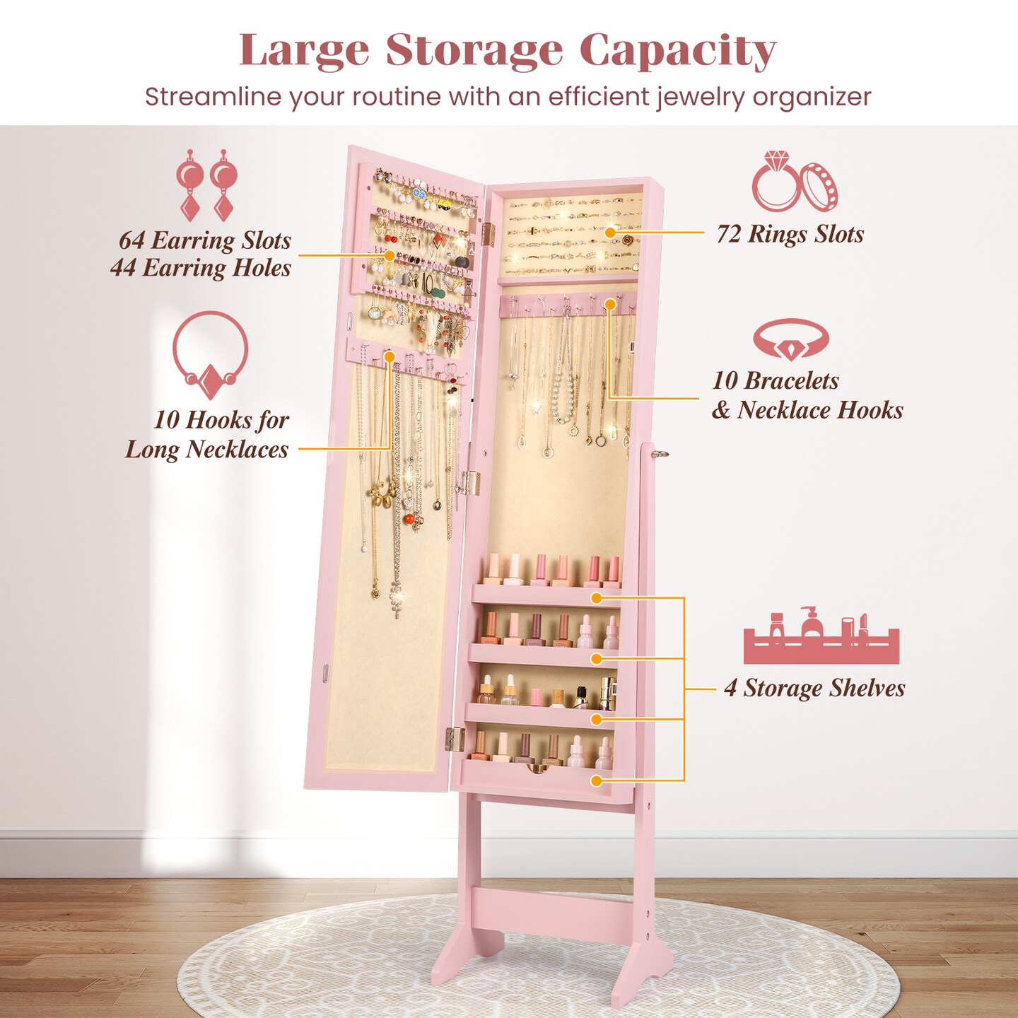 MDF Jewelry Cabinet with Full-Length Tilting Mirror and Storage