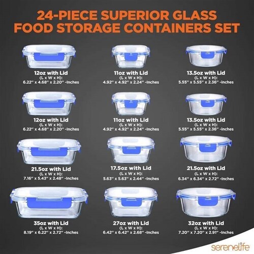24-Piece Glass Food Storage Containers with Snap Lock Lids Oven and Microwave Safe Set