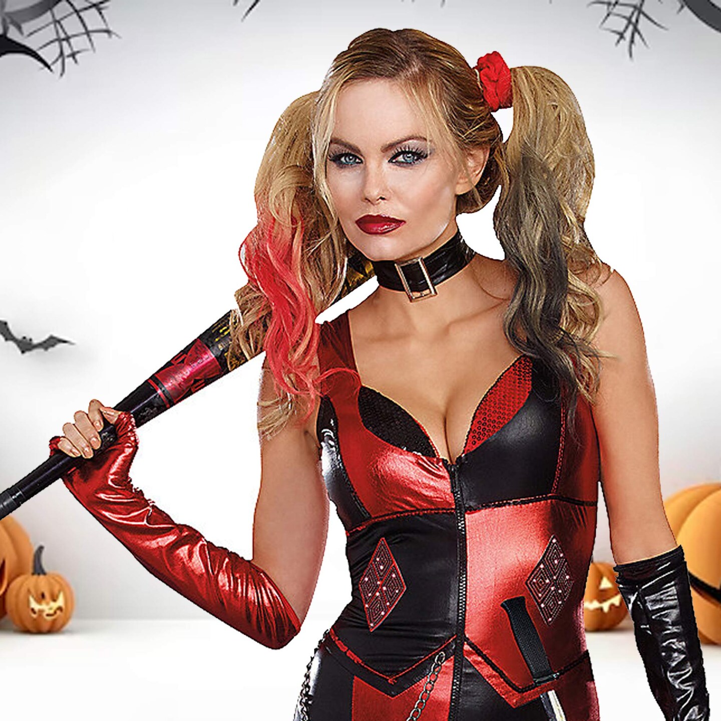 Womens Harlequin Blaster Costume Harley Quinn Metallic Jumpsuit With Accessories