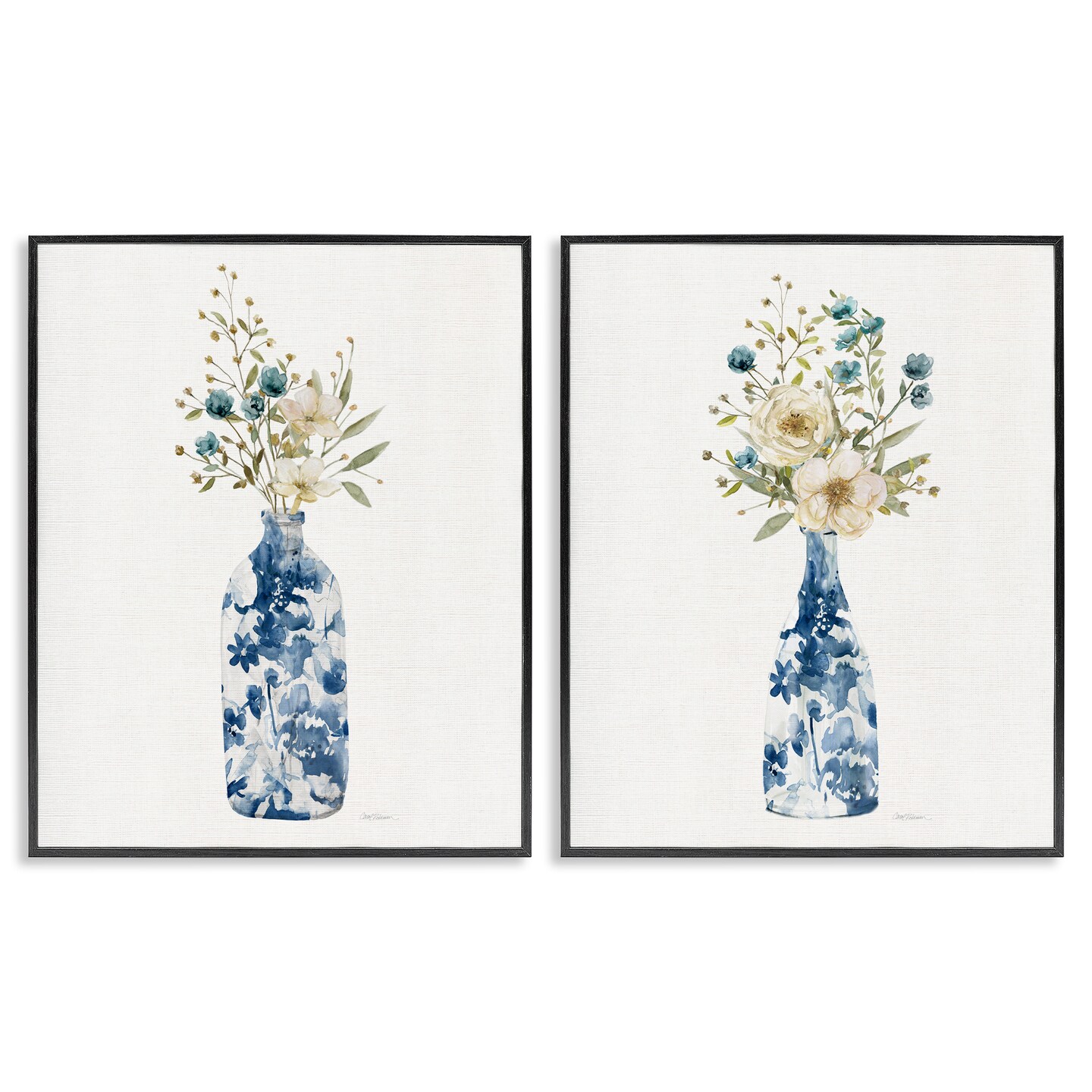 Stupell Industries Chinoiserie Blooms White Bouquets 2 Piece Black Framed Giclee Art Set, design by Carol Robinson