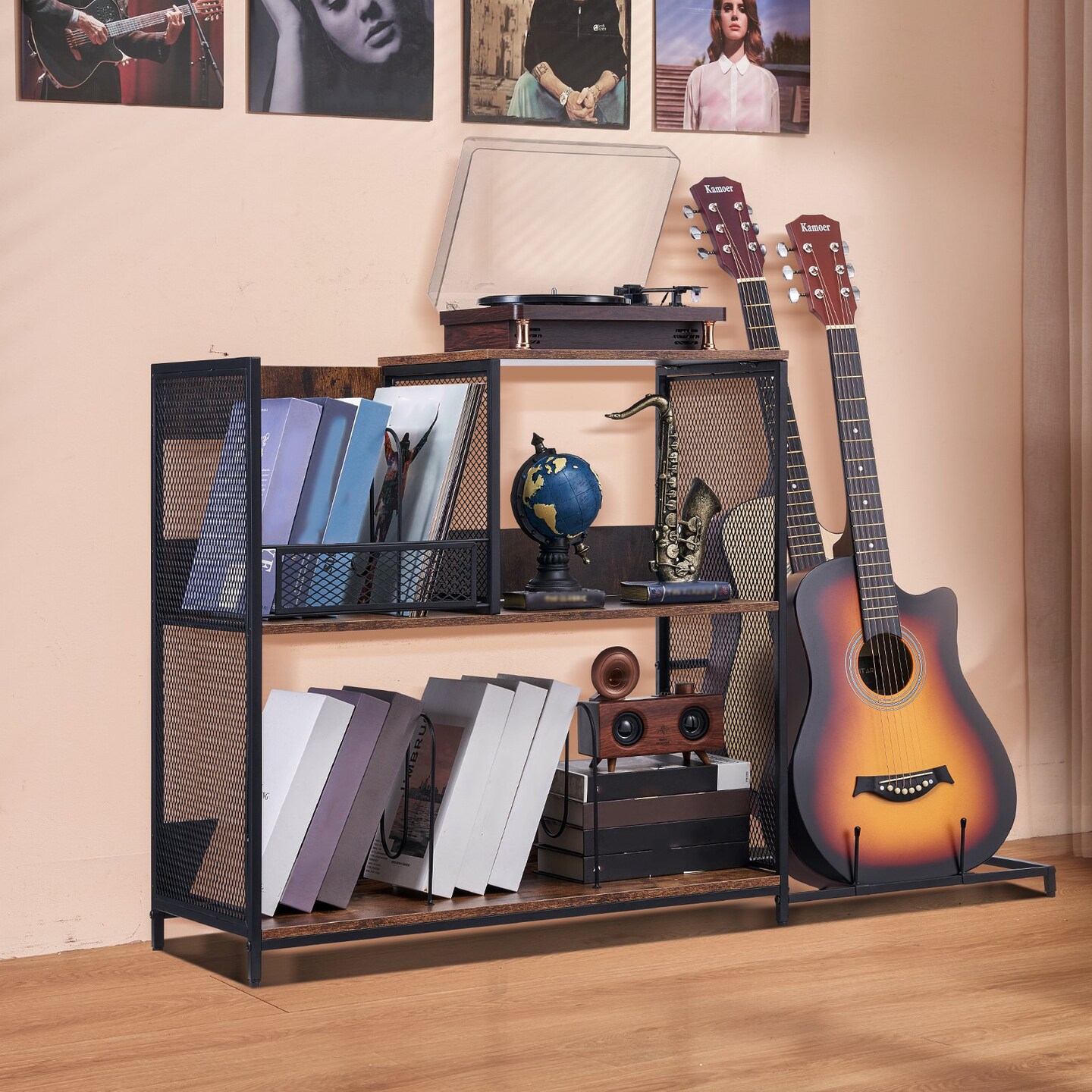 3-Tier Turntable Vinyl Record Shelf with Guitar Storage and Metal Grid Partition Adjustable Floor Feet