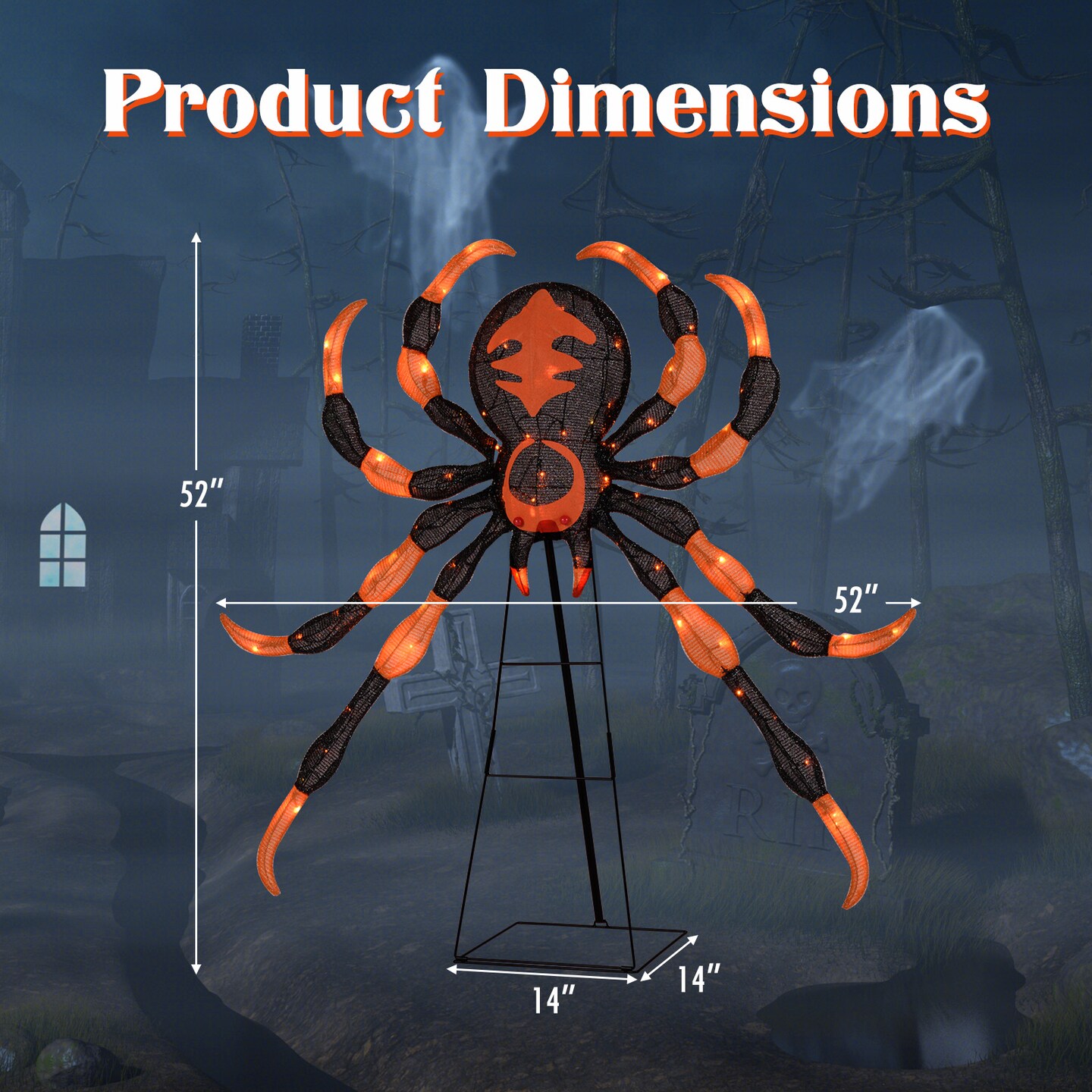 Orange-Black LED Metal Fabric Spider with Flickering Lights &#x2013; 52 inches Halloween Decor