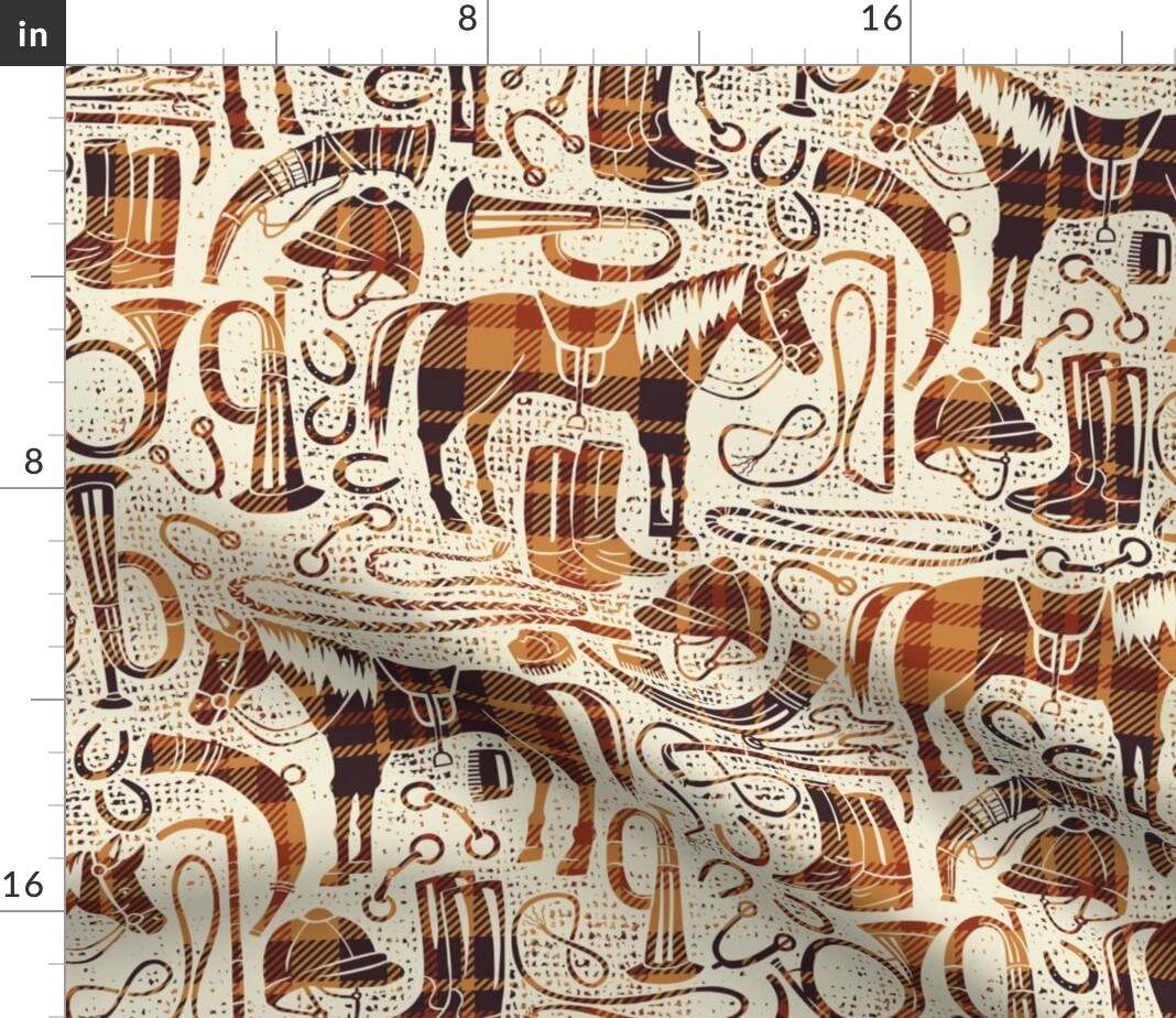 Autumn Tartan Horses Equestrian Riding Boots Horse Shoes Hunting Horn Tack Room Helmet Riding Crop Stirrups Snaffle Bit Horse Bit Saddle Custom Printed Fabric by Spoonflower Various Fabrics by the Yard or Fat Quarter