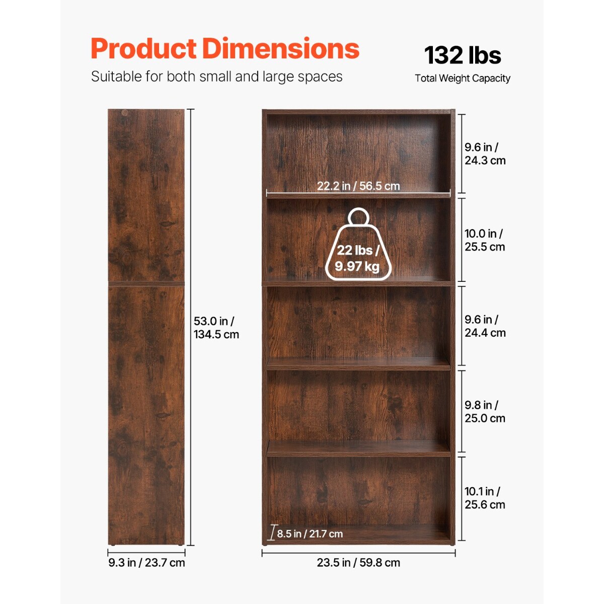 Brown 53" Wooden 5 Tiers Narrow Open Bookshelf with Height Adjustable and Removable Shelf