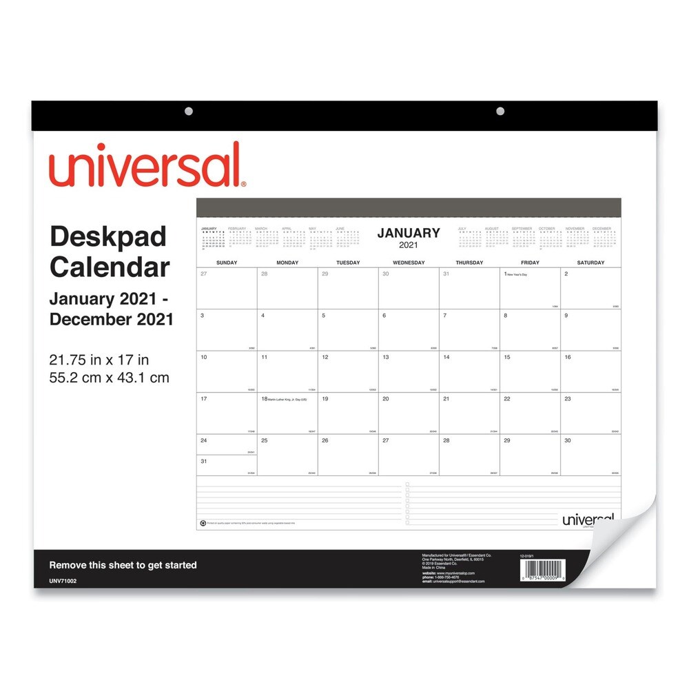 Universal 22 in. x 17 in. 12-Month (Jan-Dec 2026) Desk Pad Calendar - White Sheets/Black Binding/Clear Corners