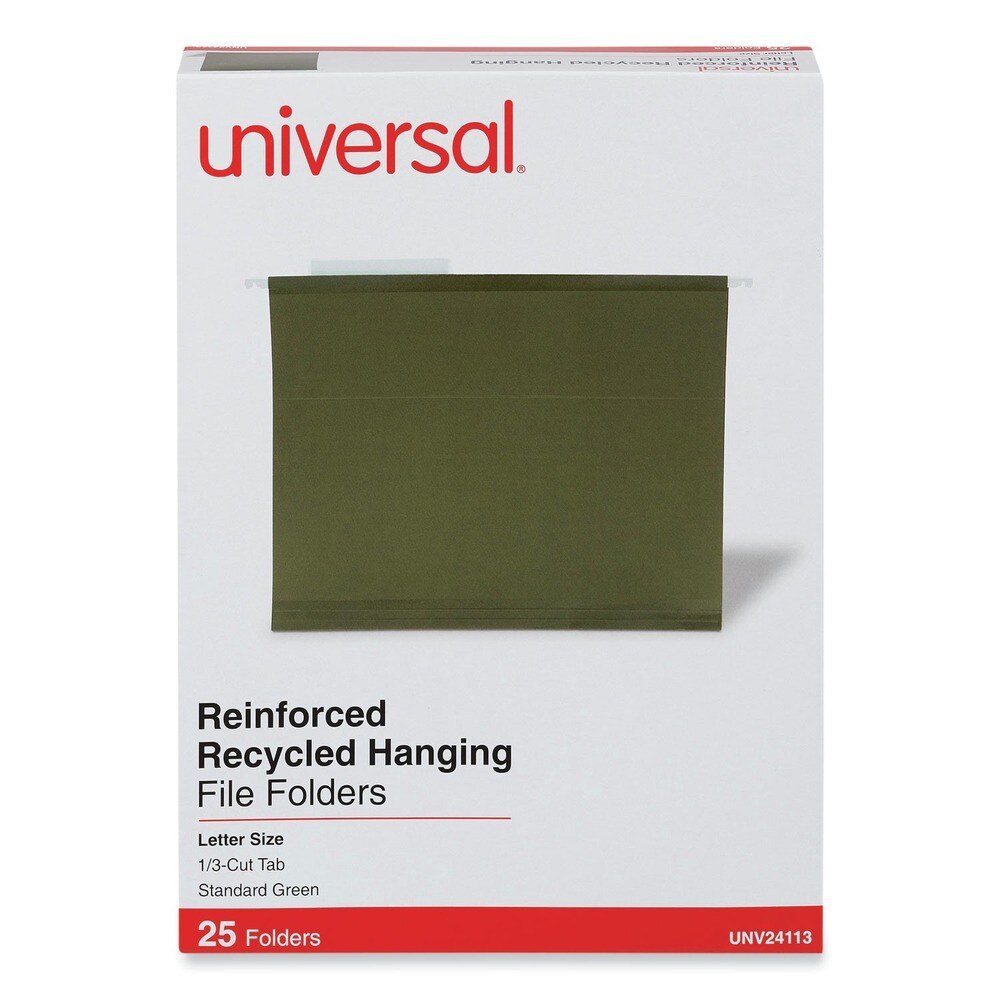 Universal 1/3-Cut Tabs Letter Size Deluxe Reinforced Recycled Hanging File Folders - Standard Green (25/Box)