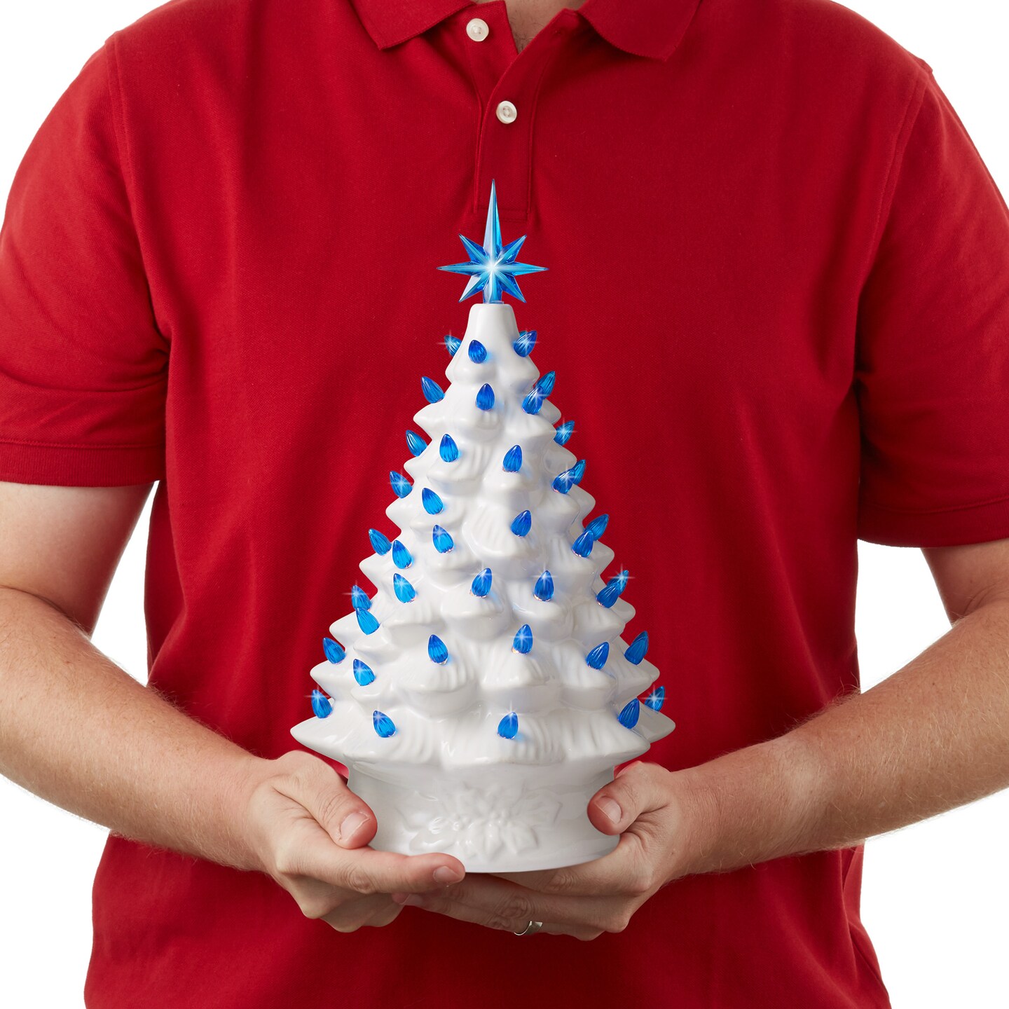 Casafield Hand Painted Ceramic Christmas Tree, White 15-Inch Pre-Lit Tree with 128 Pink and Blue Lights and 2 Star Toppers