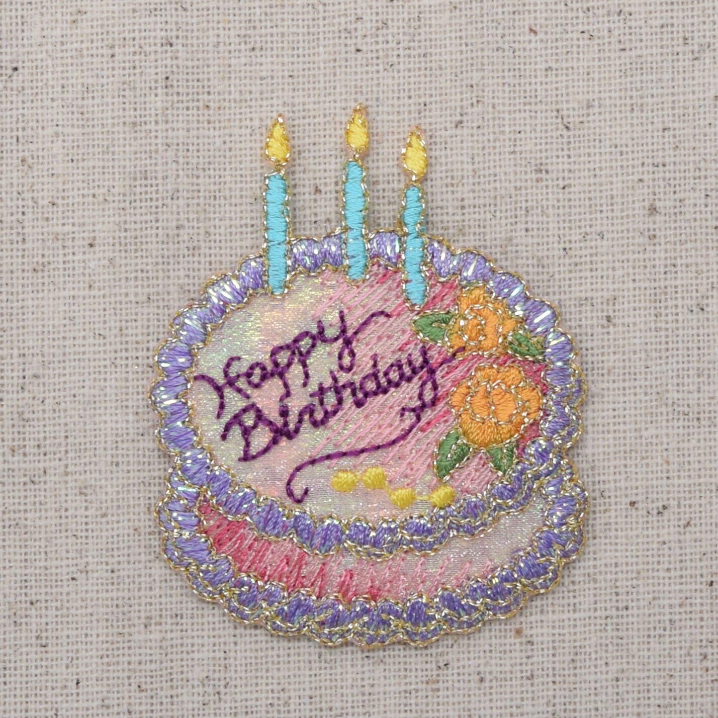 Happy Birthday Cake, Shimmery Embroidered, Iron on Patch