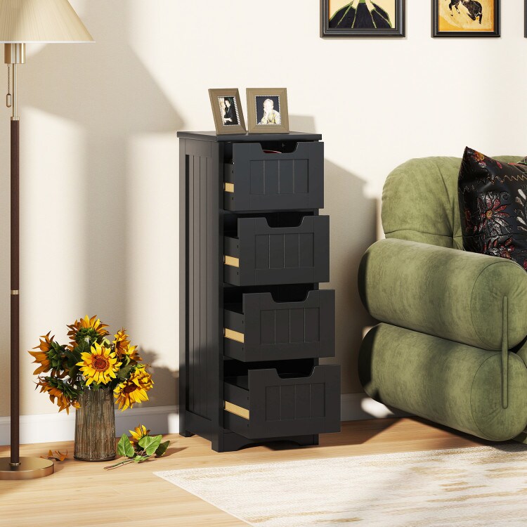 Black 4 Drawer Storage Cabinet MDF Freestanding Floor Organizer with Cutout Handles for Bedroom