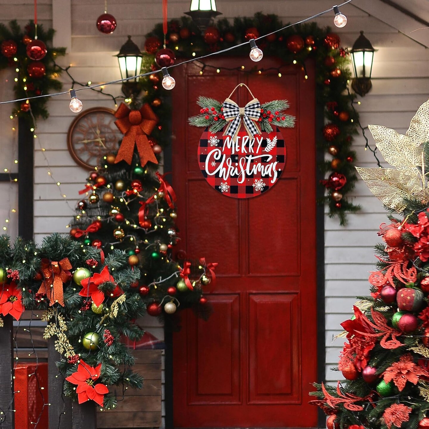 Christmas Door Sign Buffalo Plaid 12'' Welcome Sign Xmas Decorations Merry Christmas Wreath for Porch Wall Hanging Wreath Rustic Farmhouse Window Holiday Winter Wooden Indoor Outdoor Decor