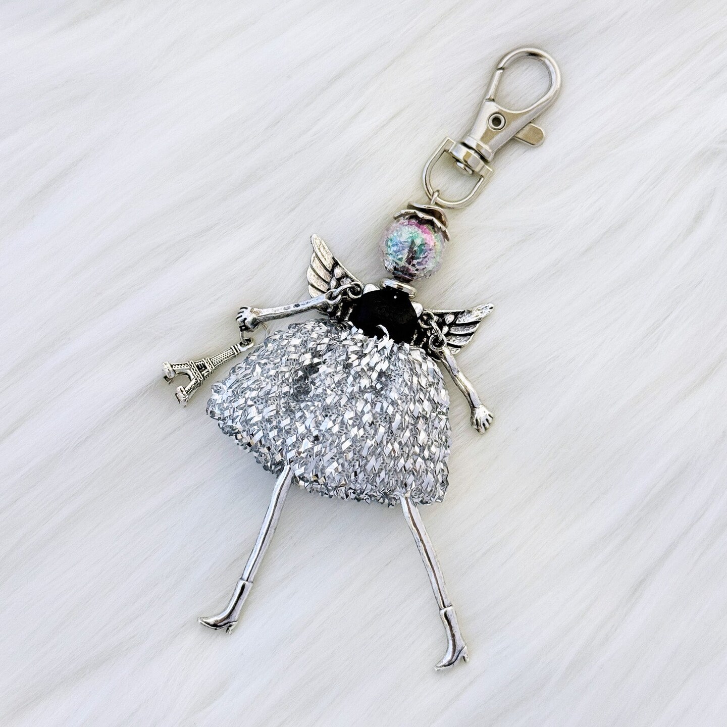 Wrapables Hanging Fashionista Doll Keychain, Crystal Rhinestone Keyring Bag Charm, Silver Angel