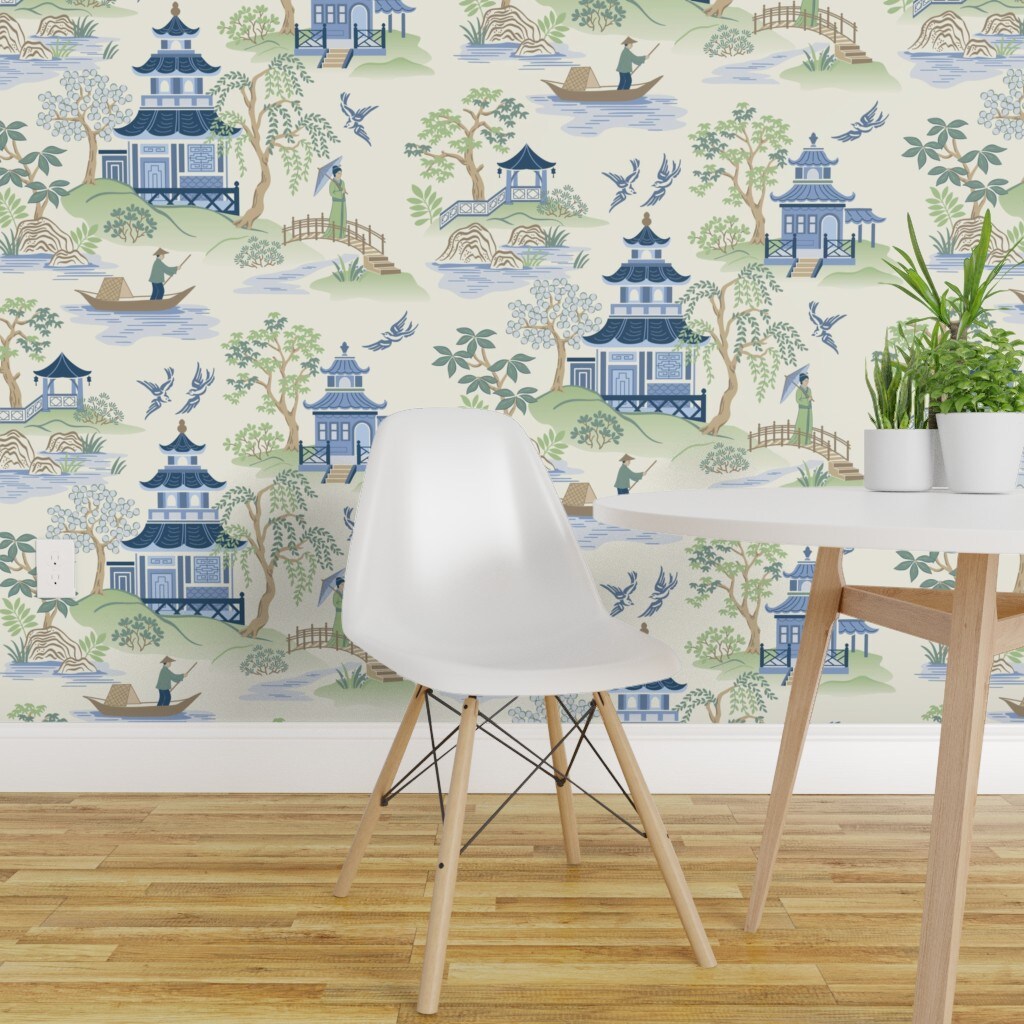 Pre-Pasted Wallpaper 2FT Wide Chinoiserie Pagoda Asian Inspired Toile Landscape Traditional Willow Tree Custom Pre-pasted Wallpaper by Spoonflower