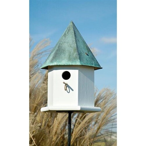 White Octagonal Bluebird House with Verdigris Copper Roof Durable Cellular PVC Birdhouse