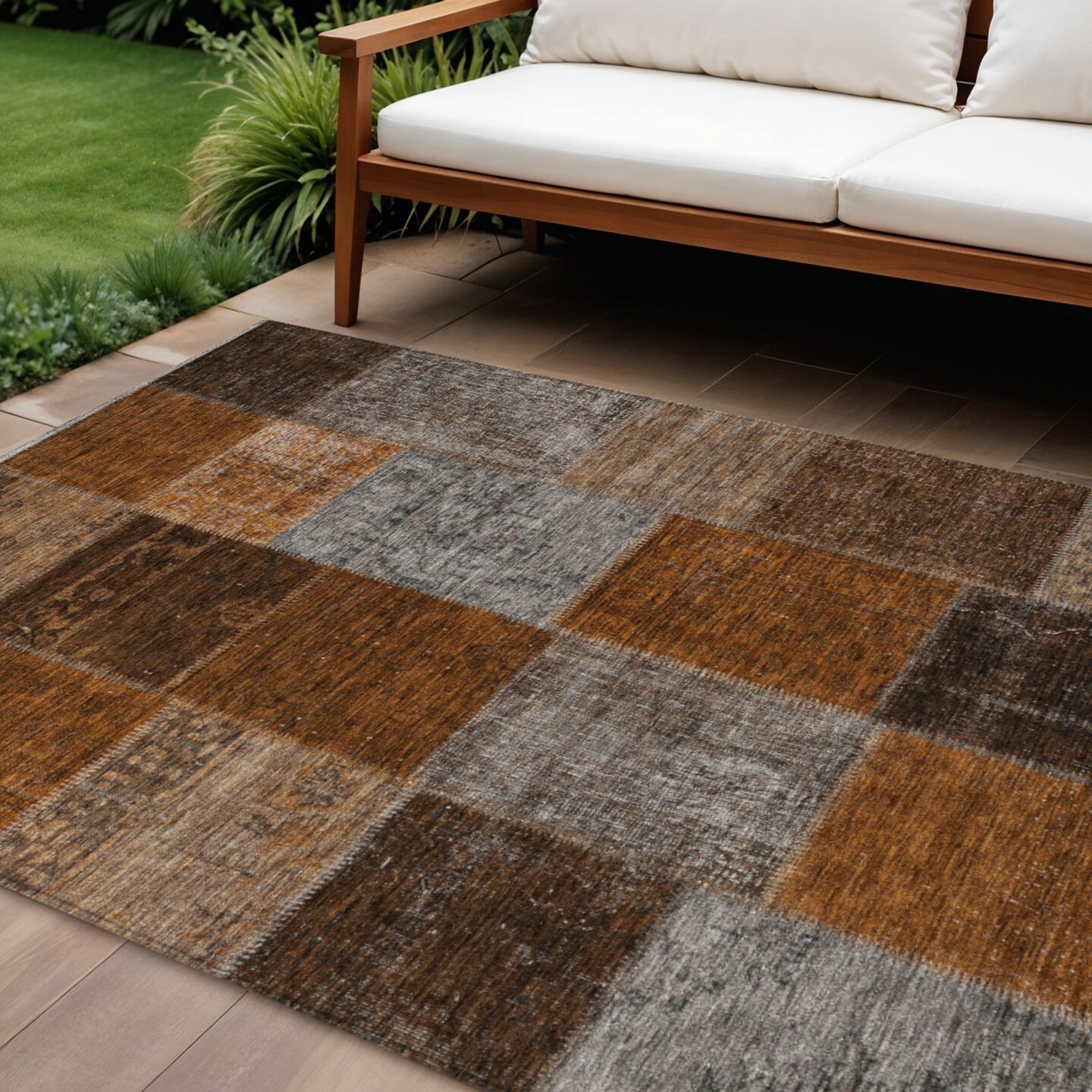Edge Collections - 9' x 12' - Brown - Durable Patchwork Indoor-Outdoor Area Rug - 1 Piece