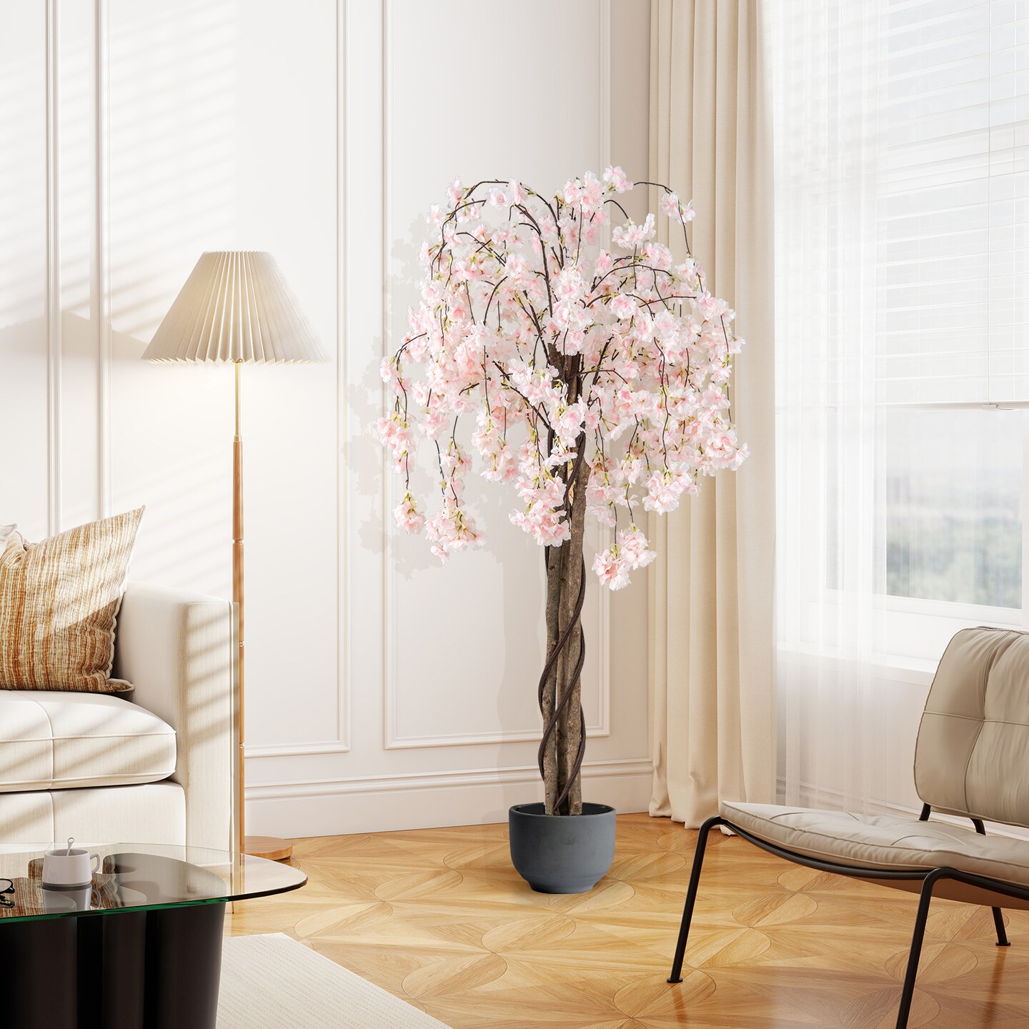 White Polyester Cherry Blossom Tree 65 inches with Solid Wood Pot