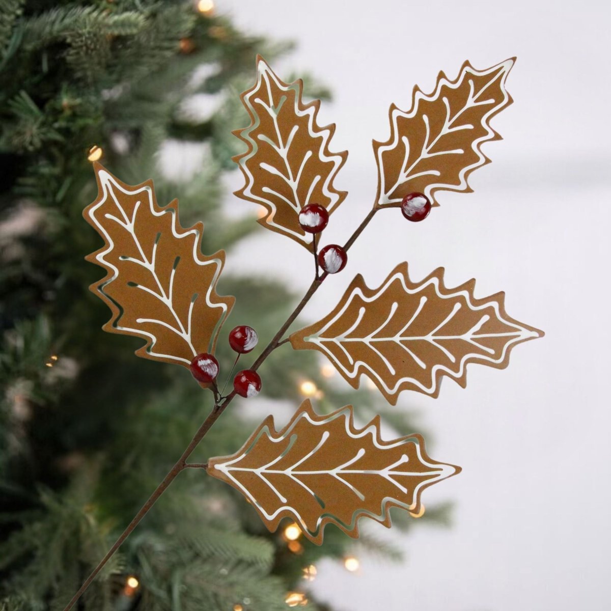 25&#x22; Gingerbread Holly Leaf Spray