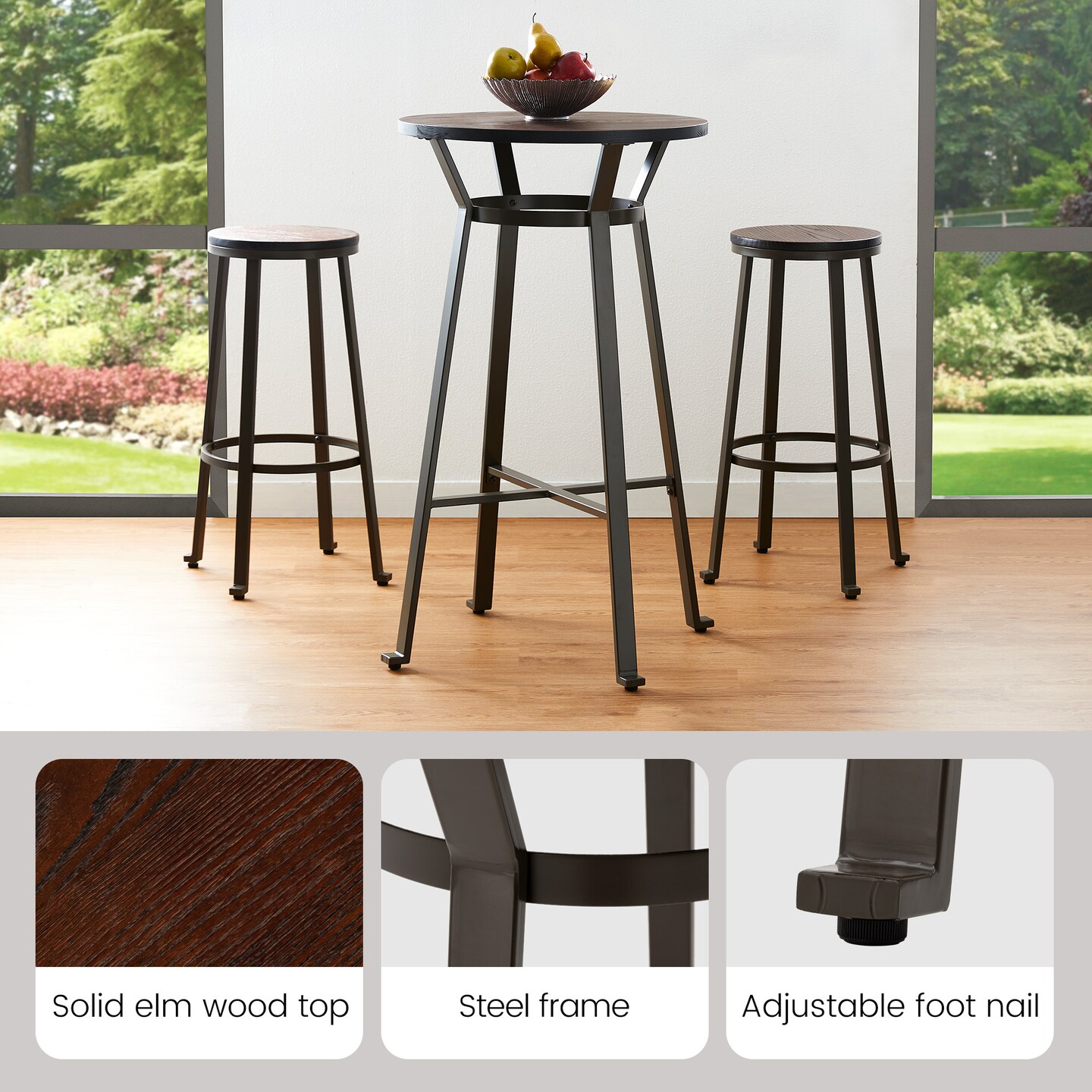 Set of 3 Steel Bar Table and Bar Stool Pub Set (1 Table+2 Stools)