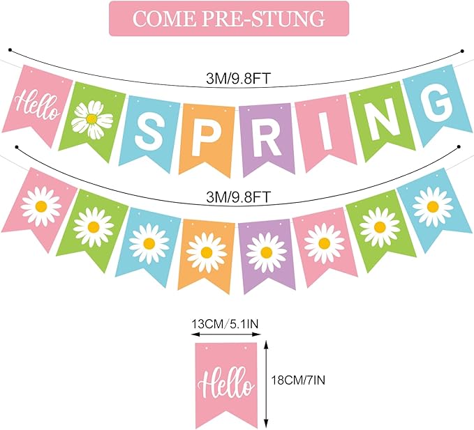 Hello Spring Banner Colorful Spring Bunting Banner Flower Pattern Hanging Banner Garland Spring Easter Party Decorations for Indoor Outdoor Wall Mantle Fireplace Spring Break Celebration