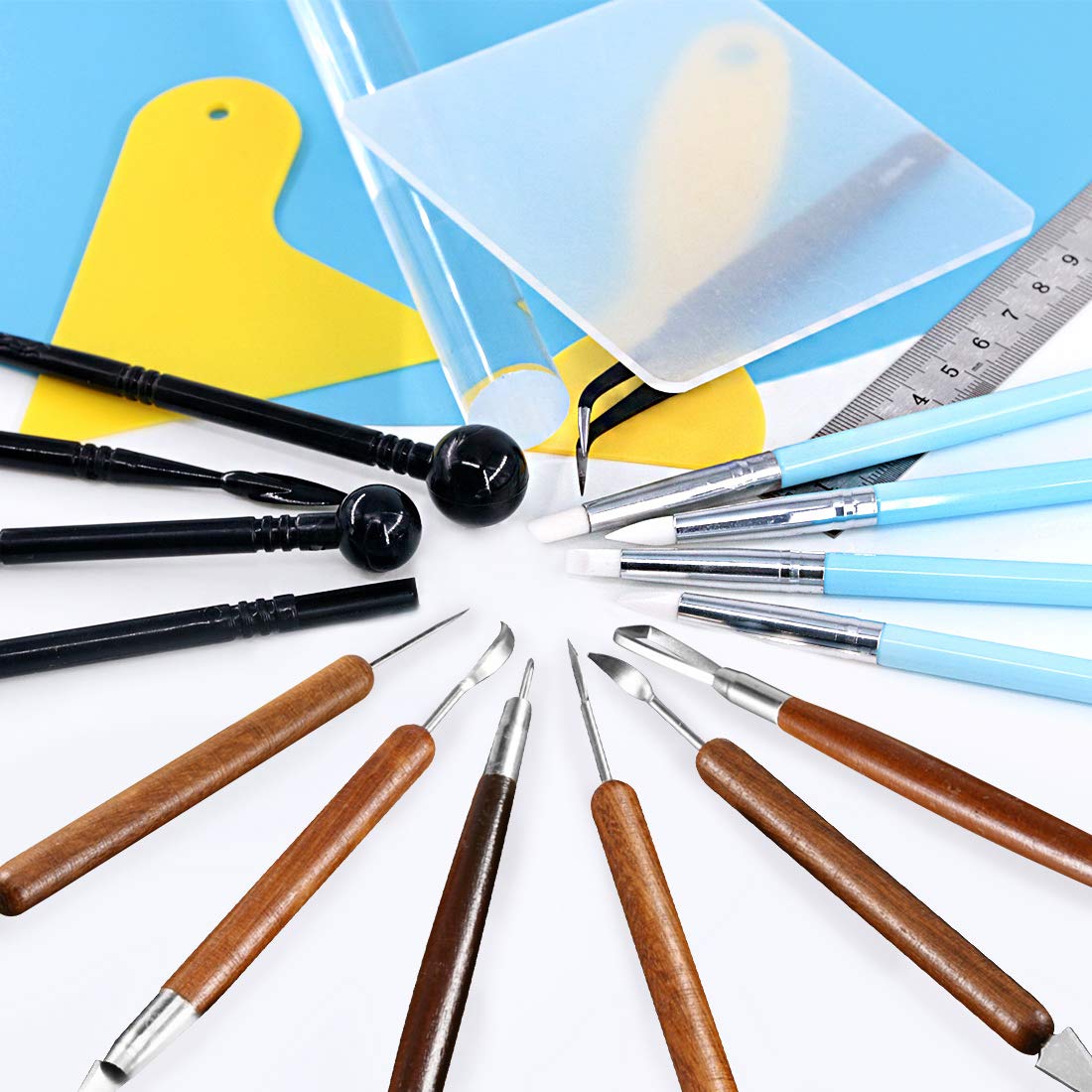 21Pcs Carving Modeling Clay Sculpting Tool Set Including Pottery Sculpture Tool, Silicone Tip Pen, Dual-End Dotting Clay Tool, Scraper, Tweezers, Ruler, Acrylic Clay Roller, Acrylic Sheet