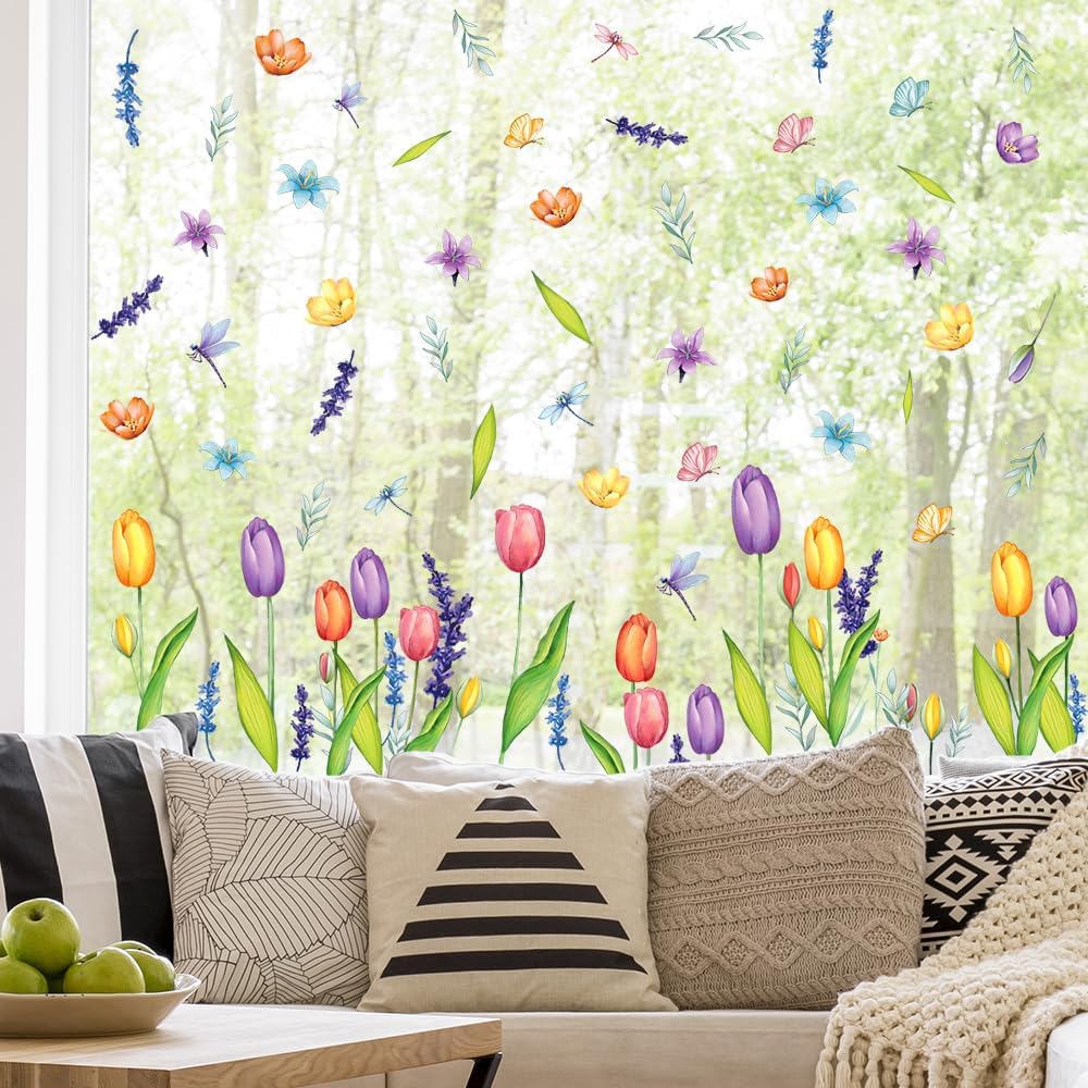 Spring Window Clings, Colorful Flower Static Window Stickers for Spring Decor, Spring Decorations for Home