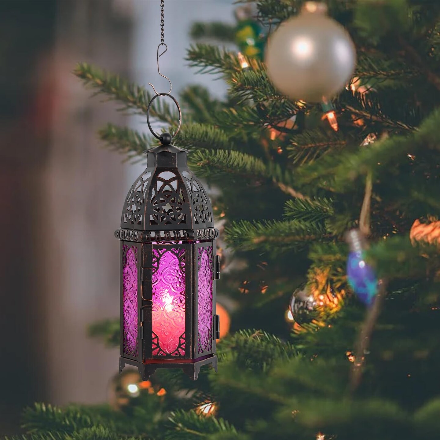 NEEDOMO Ramadan Decorations, Hanging Moroccan Lantern, 11&#x27;&#x27; Vintage Candle Holder, Metal Lanterns Decorative Indoor Outdoor, Table, Patio, Porch, Shelf, Gothic Home Decor (Purple)