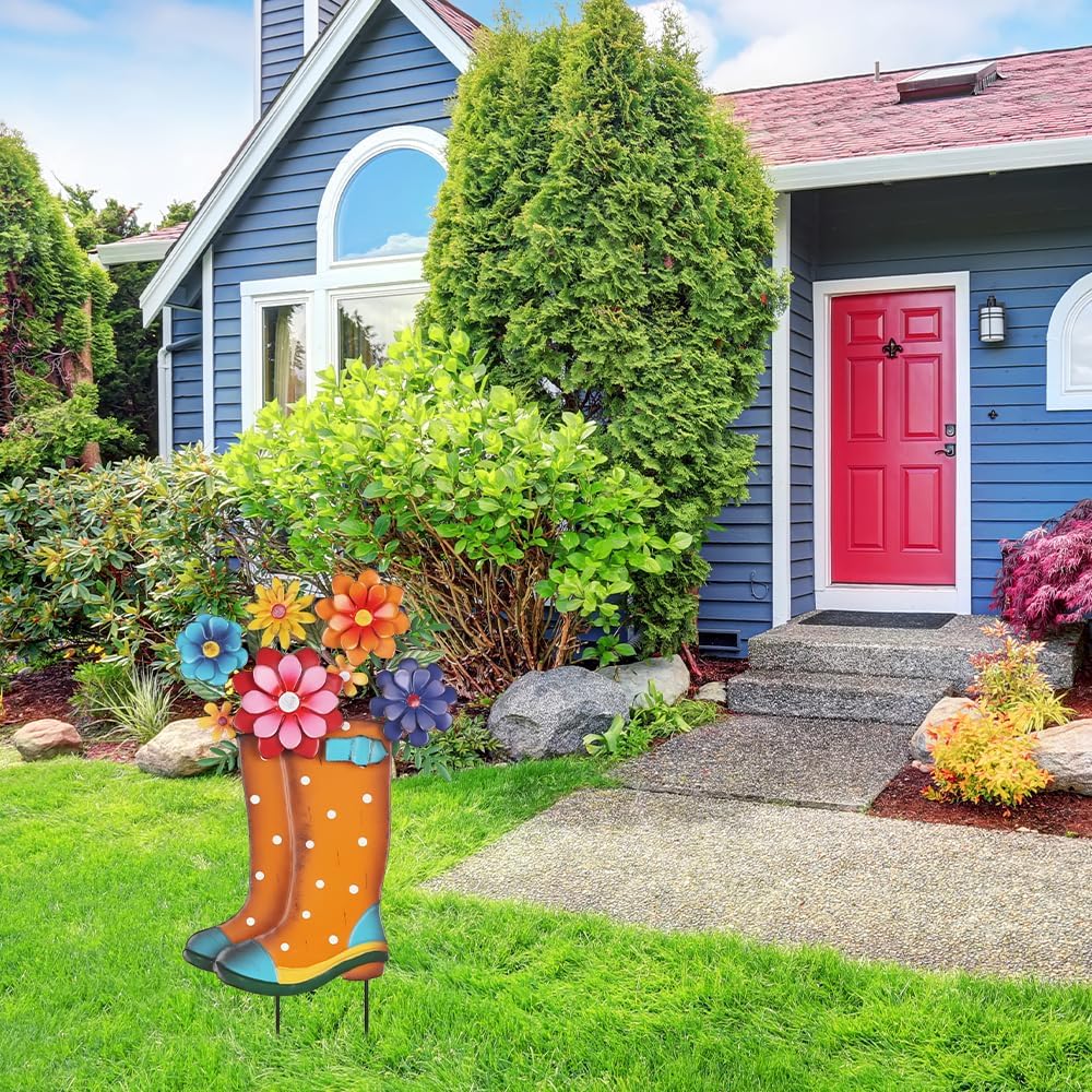 Garden Decor for Outside, 26&#x201D; Decorative Garden Stakes Metal Boot with Flowers for Spring Decor, Yard Art Stakes for Outdoor Lawn Backyard Porch Pathway Garden Decorations
