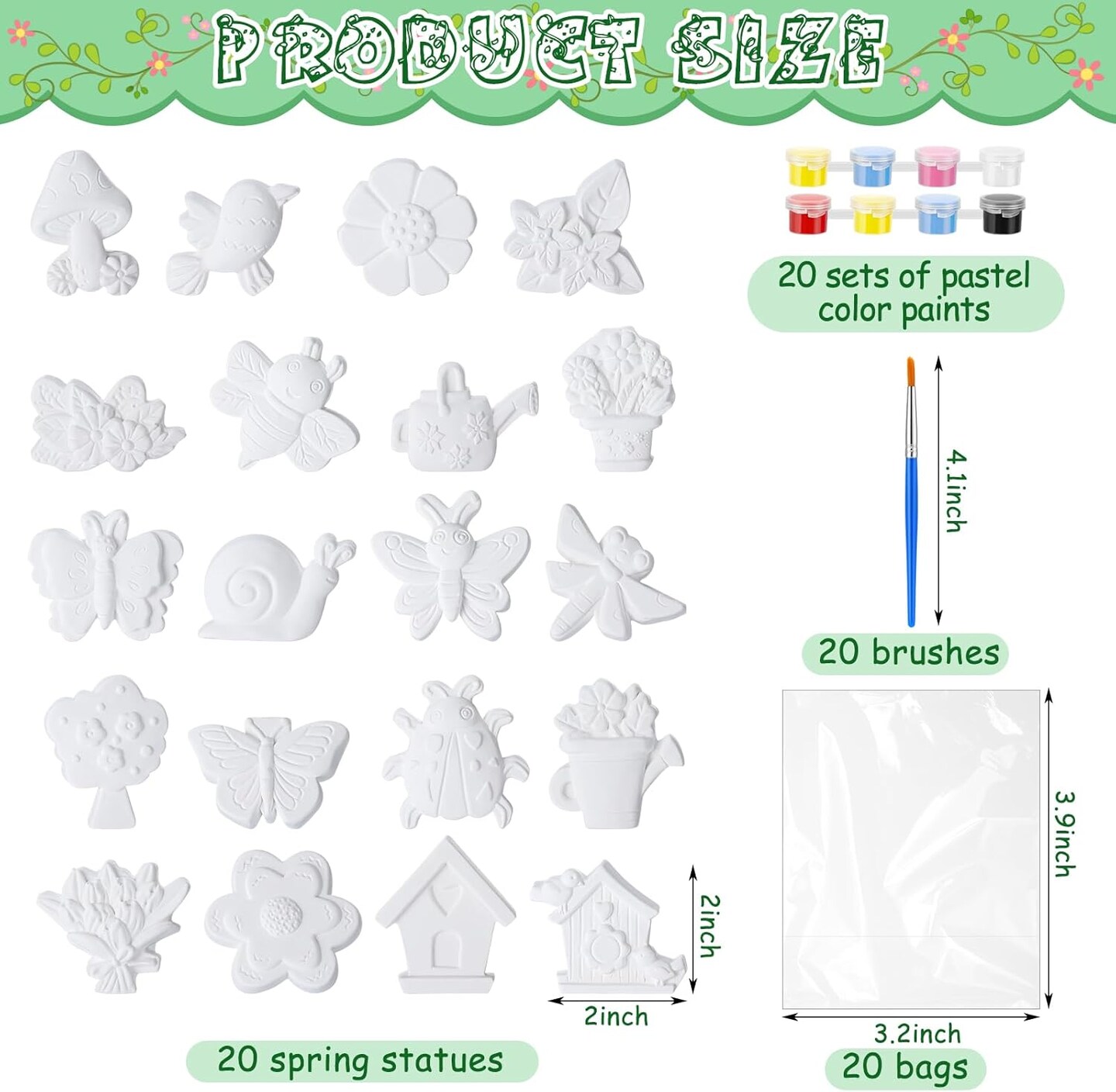 20 Set Spring DIY Painting Kit Ceramic to Paint Your Own Flowers Bee Snail Bird Butterfly Statues Unpainted Plaster Figurines Brushes Acrylic Paints Bags Party Favor for Adults