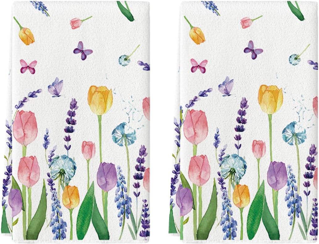 2-Pack Lavender Tulip Spring Kitchen Towels – 18x26" Seasonal Dish & Hand Towels for Summer