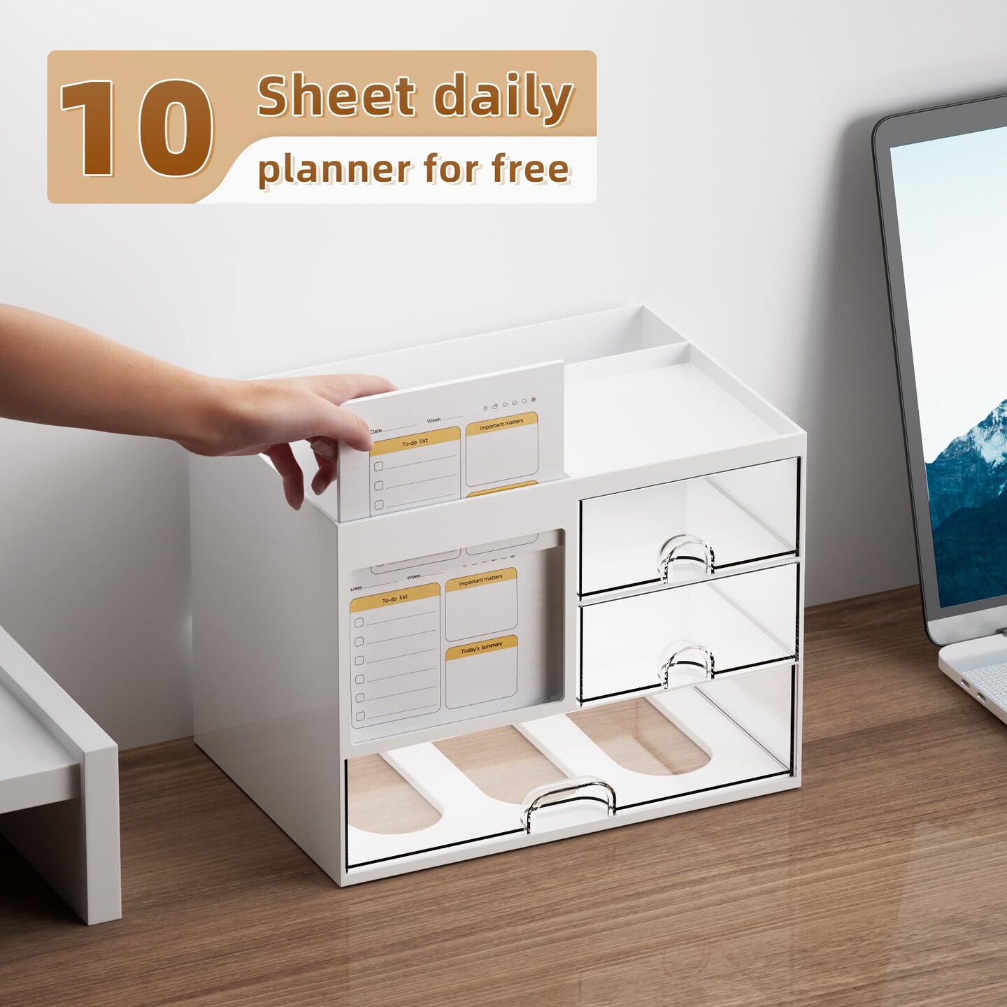 Desk Organizer with 3 Drawer, Multi-Functional Pencil Pen Holder for Desk, Desk Organizers and Accessories with 4 Compartments, Desktop Organizer Storage for Office Home Art Supplies (White)