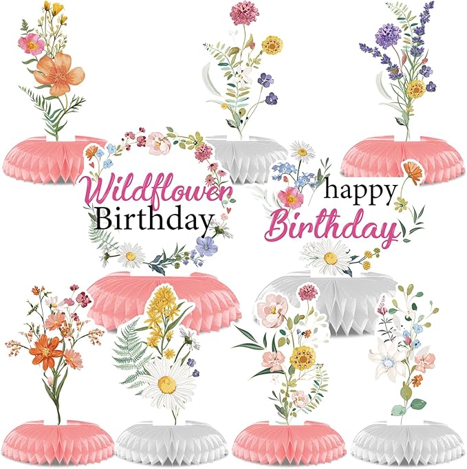 9-Piece Wildflower Birthday Table Decor Set – Spring Party Supplies with Floral Honeycomb Centerpiece