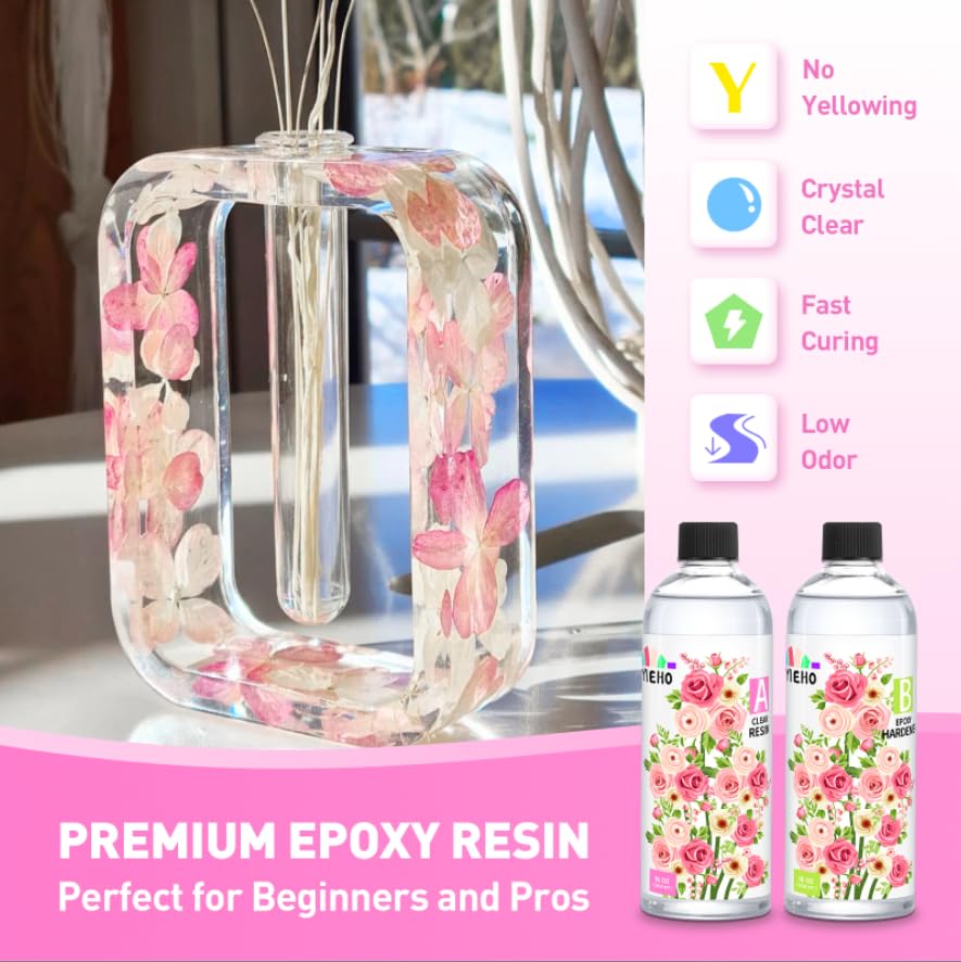 Epoxy Resin 32OZ, Crystal Clear Art Casting Resin and Hardener Hard No Yellowing Resina Epoxica Transparente Perfect for Jewelry Making, DIY, Molds, Crafts (1:1)