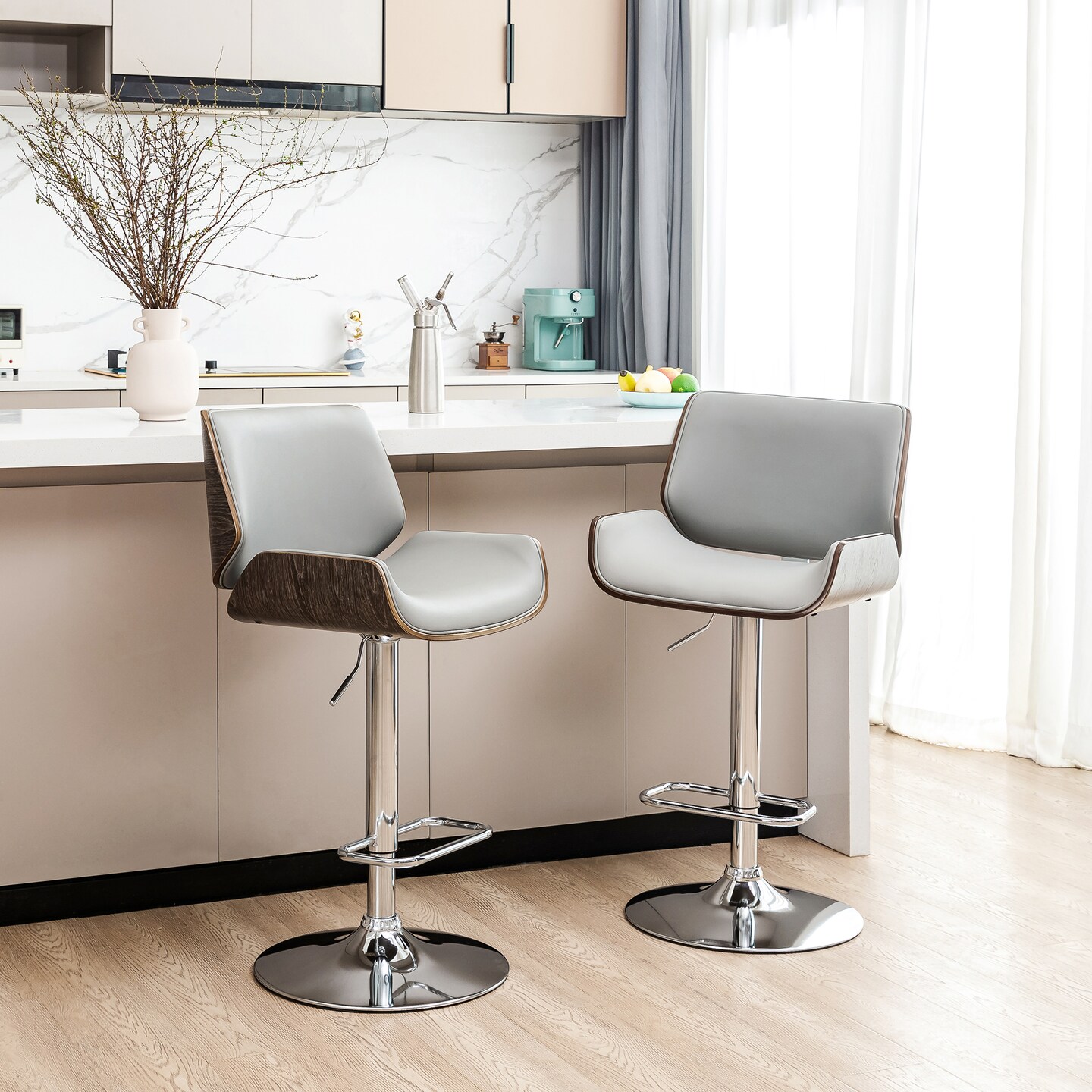 Set of 2 Mid-century Modern Leatherette Adjustable Height Swivel Bar Stool with Black Metal Base