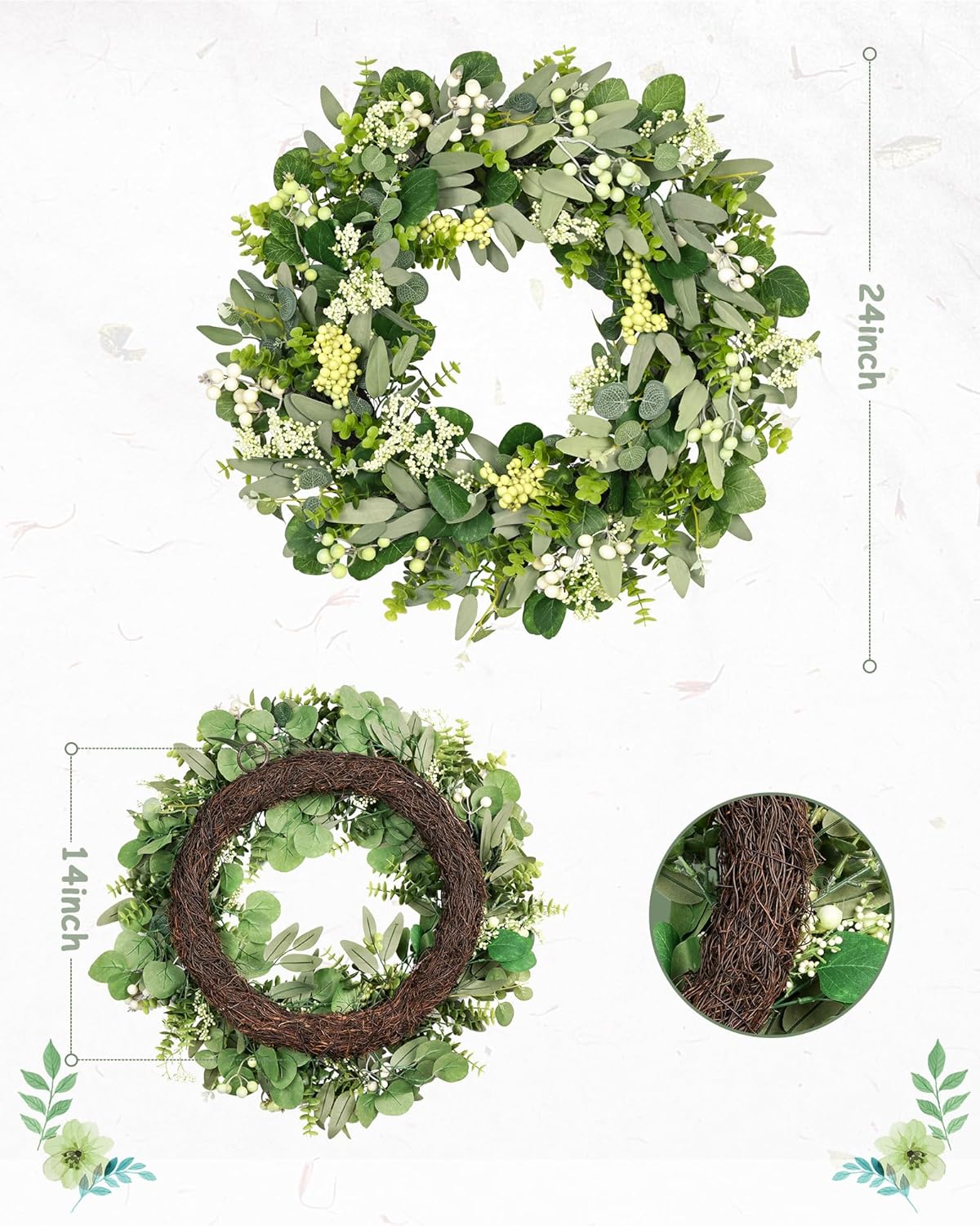 Green Eucalyptus Leaf Wreath, 24 Inch Artificial Spring Summer Wreaths for Front Door Decor Boxwood Wreath with Big Berries, Farmhouse Greenery Wreath Outside Year Round - Indoor/Outdoor