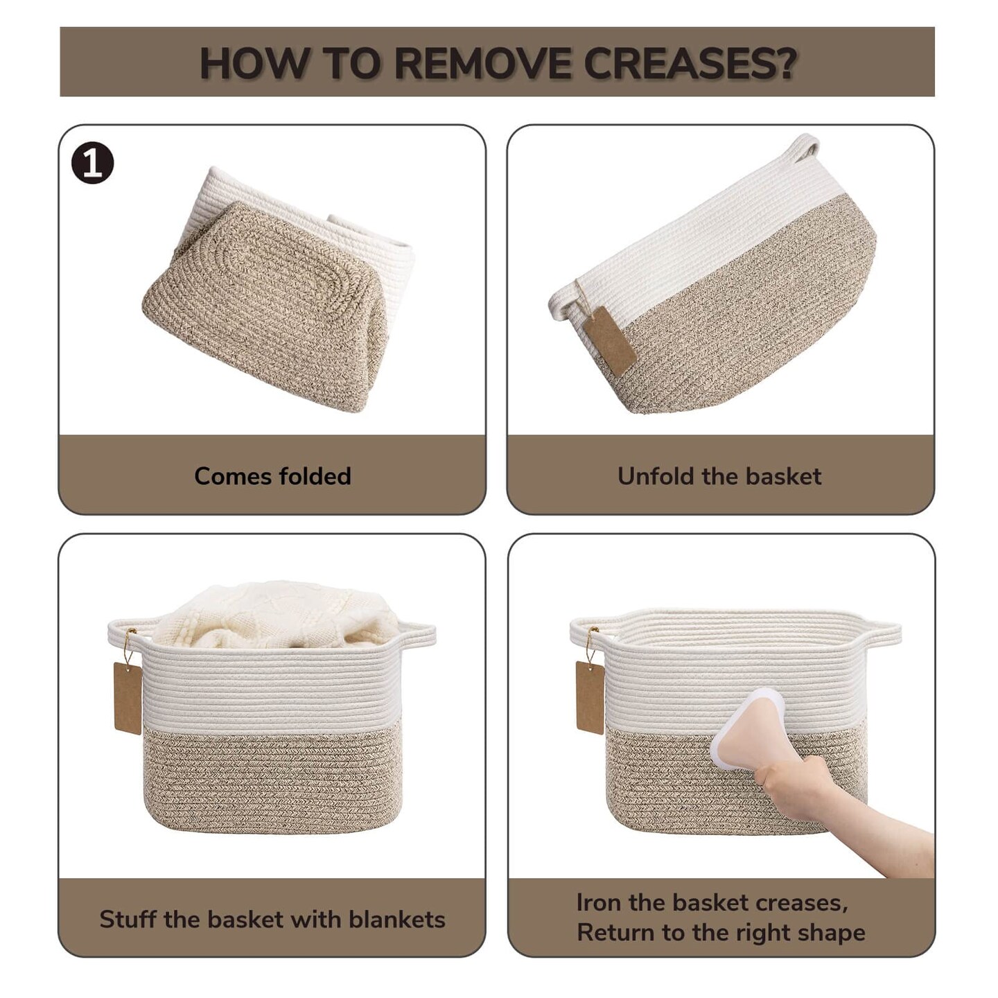 Goodpick Woven Storage Basket for Shelves, Cotton Rope Dog Toy Bin, Empty Gift Basket with Handles, Square Baskets for Storage, Brown and White Storage Bin, 13 x 10 x 9 Inches