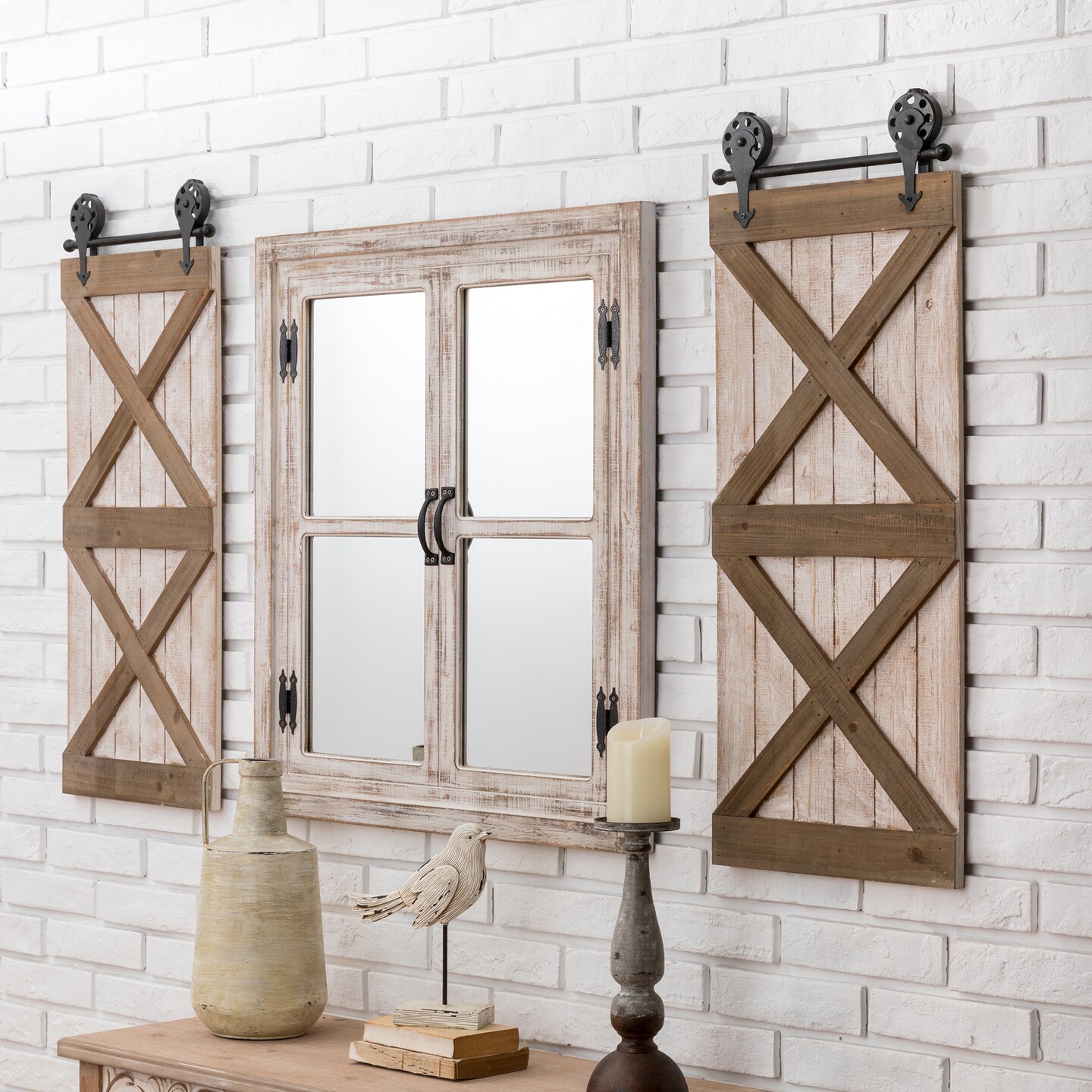 Set of 2 35&#x22;H Farmhouse Wooden Barn Doors Wall Decor