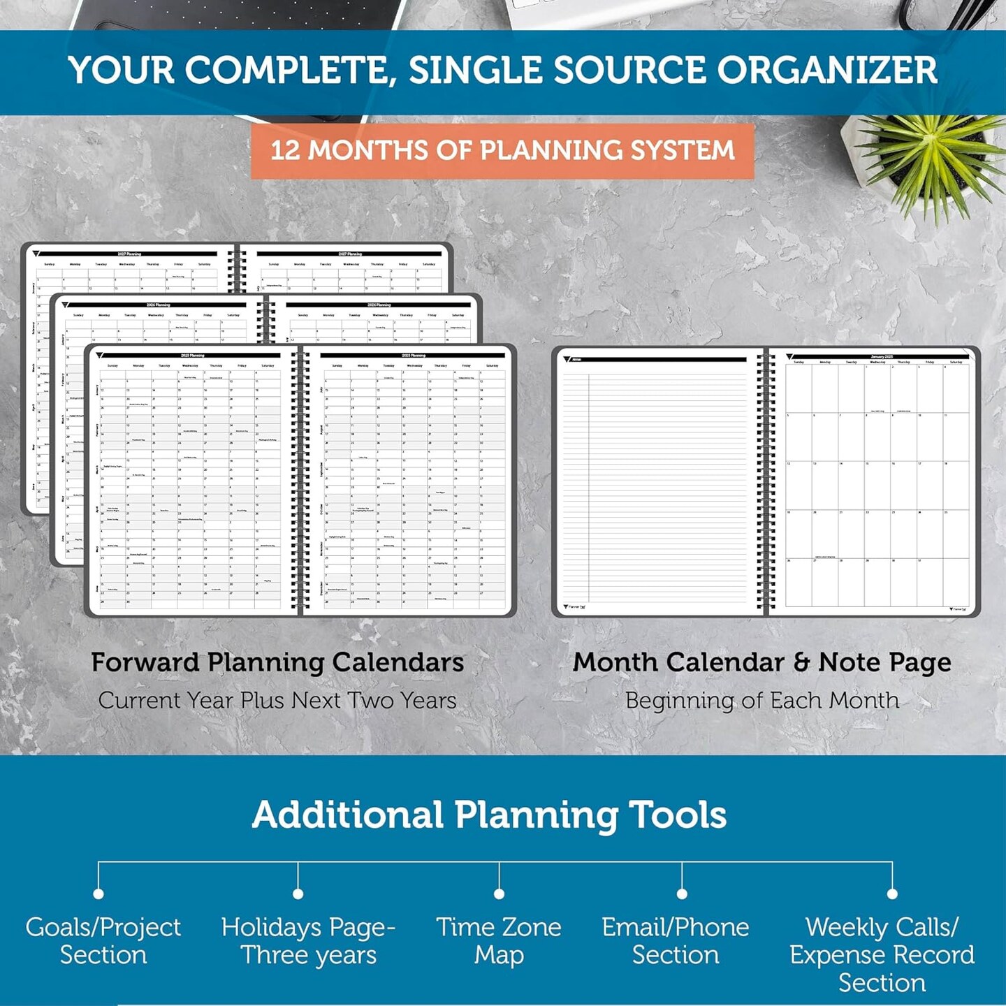 Planner Pad Spiral Bound January-December 2025/ Calendar Year 8 1/2&#x22; x 11&#x22; Large 3-Tier Funnel Down 12 Month Organizer, Black Cover/Black Ink