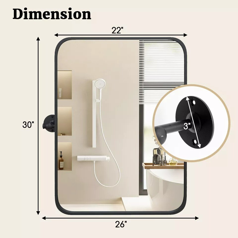 30 x 22 Inch Pivot Bathroom Mirror w/ Shatter-Proof Film, Expansion Screws