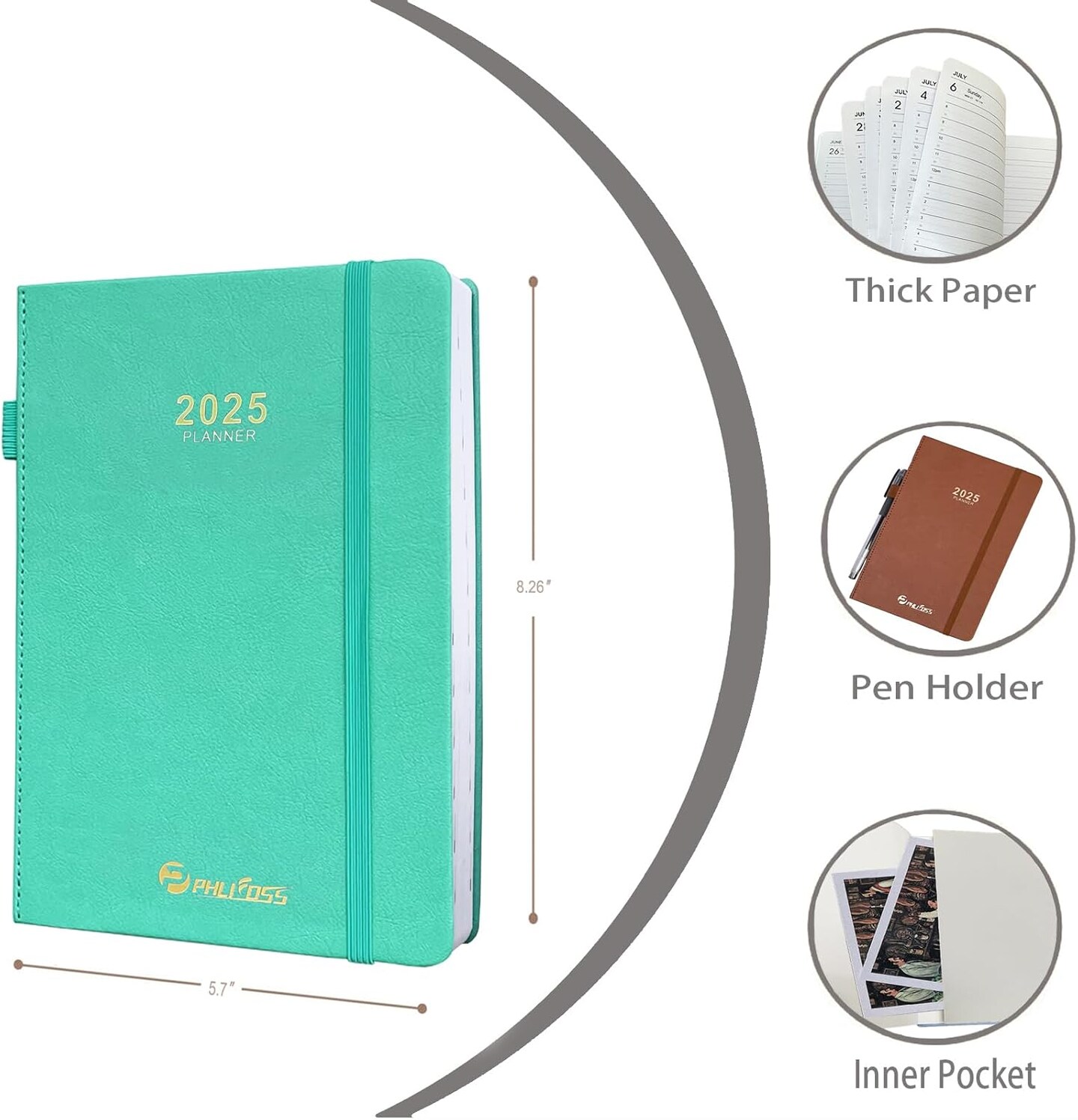 2025 Daily Planner/Calendar, One Page Per Day, Daily Monthly Agenda Planner with Time Slots and Monthly Tabs, Jan - Dec 2025, 5.7&#x22; x 8.25&#x22; Appointment Book, Leather Cover (2025-Lake Green)