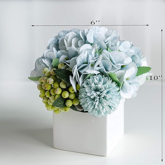 Faux Hydrangea Flower Arrangement in Ceramic Vase – Artificial Flowers for Home Decor