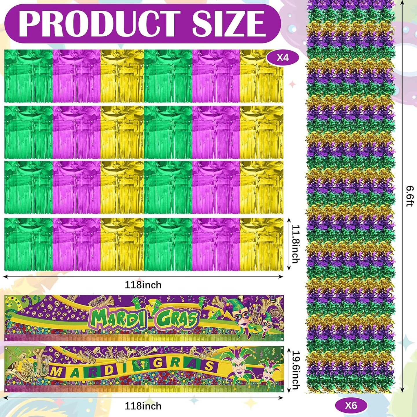 12 Pcs Mardi Gras Wagon Parade Float Decorations Kit Mardi Gras Decor for Trailer Green Gold Carnival Banner Foil Tinsel Garland Golf Cart Decoration for Carnival Party Supplies