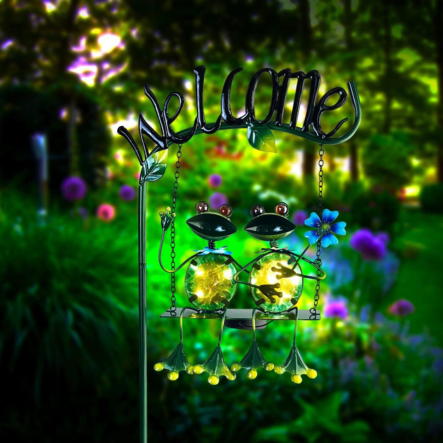Outdoor Garden Solar Lights,Frog Swing Garden Decor,Frog Decorative Stake with Welcome Sign for Landscape Patio Yard (48 inch)