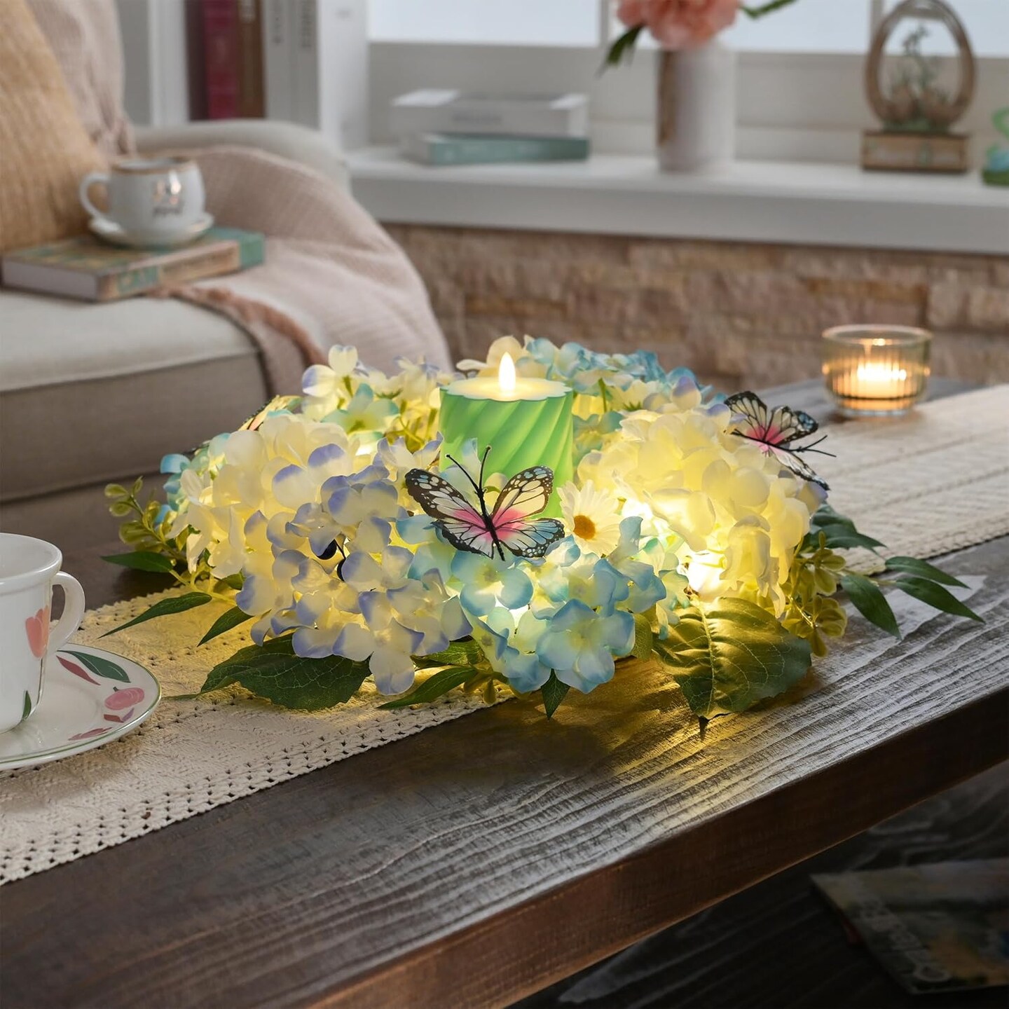 Lighted Blue & White Hydrangea Front Door Wreath (Spring Floral Decor)