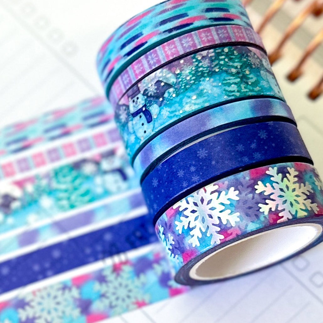 FOILED Silver Snowflakes Snowman Snowmen Snow Pink Purple Blue Washi Tape Set February 2025 - W126