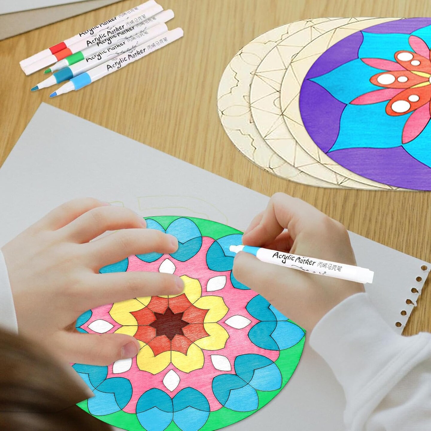 7.8Inch Wooden Mandala Painting Set 10Pcs Mandala Unfinished Wood Cutouts with 12 Markers for Crafts Mandala Wood Slices for DIY Crafts Tags (Different 10 Shapes Wood Slices+12Pcs Markers)
