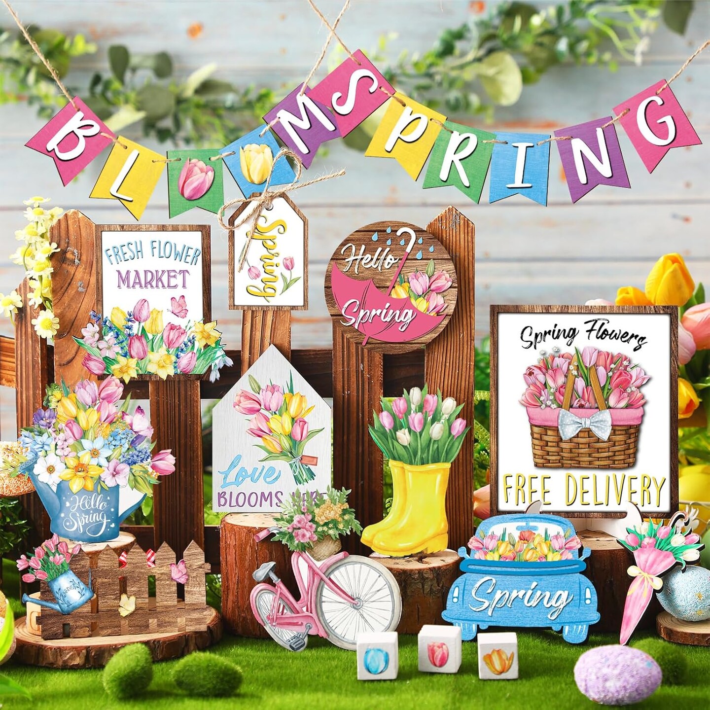 24-Piece Spring Tiered Tray Decor Set – Wooden Table Centerpieces & Farmhouse Bloom Blocks for Home & Office