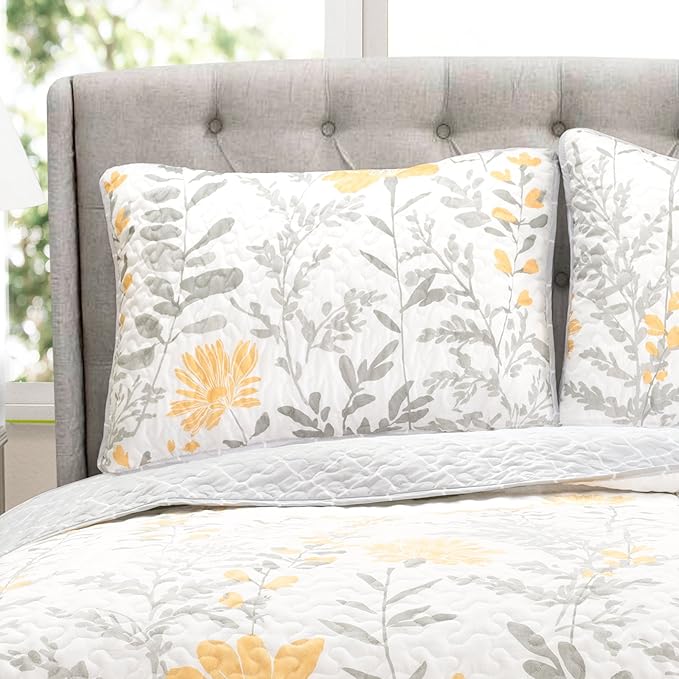 Aprile Soft Reversible Floral Quilt Set, 3 Piece Set, King, Yellow &#x26; Gray - Beautiful Floral Bedding Set - King Quilt - Spring Decor - Cottage &#x26; Farmhouse Bedroom Decor