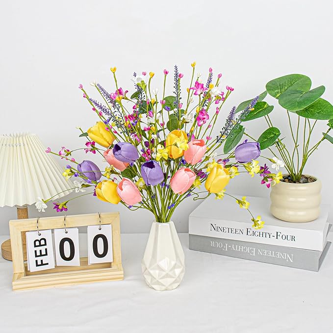 Artificial Spring Flowers 12 Pack Spring Flower Stems 17 Inch Floral Picks with Pink Yellow Purple Tulips Wildflowers for Centerpieces Vases Floral Arrangements Summer Easter Decor