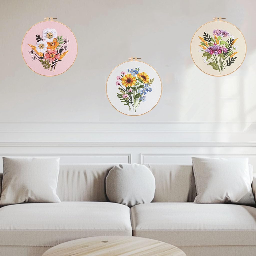 3 PCS Embroidery Kit for Beginners - Cross Stitch DIY Craft Set, Flower Embroidery Accessories &#x26; Hoop Included, Hand Embroidery Kit for Adults Stitching Sewing Kit Gift | FlowerB Patterns