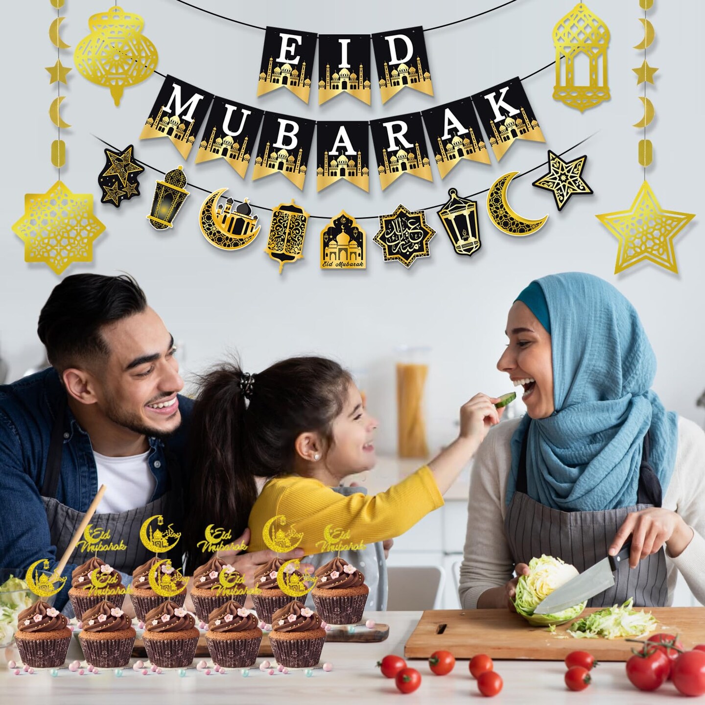 Ramadan Mubarak Decorations, Eid Decorations for Home - Preassembled Ramadan Eid Mubarak Banners, 16 Pcs Eid Balloons, 6 Pcs Islamic Star Moon Lantern Garland Streamer, 10 Pcs Cupcake Toppers